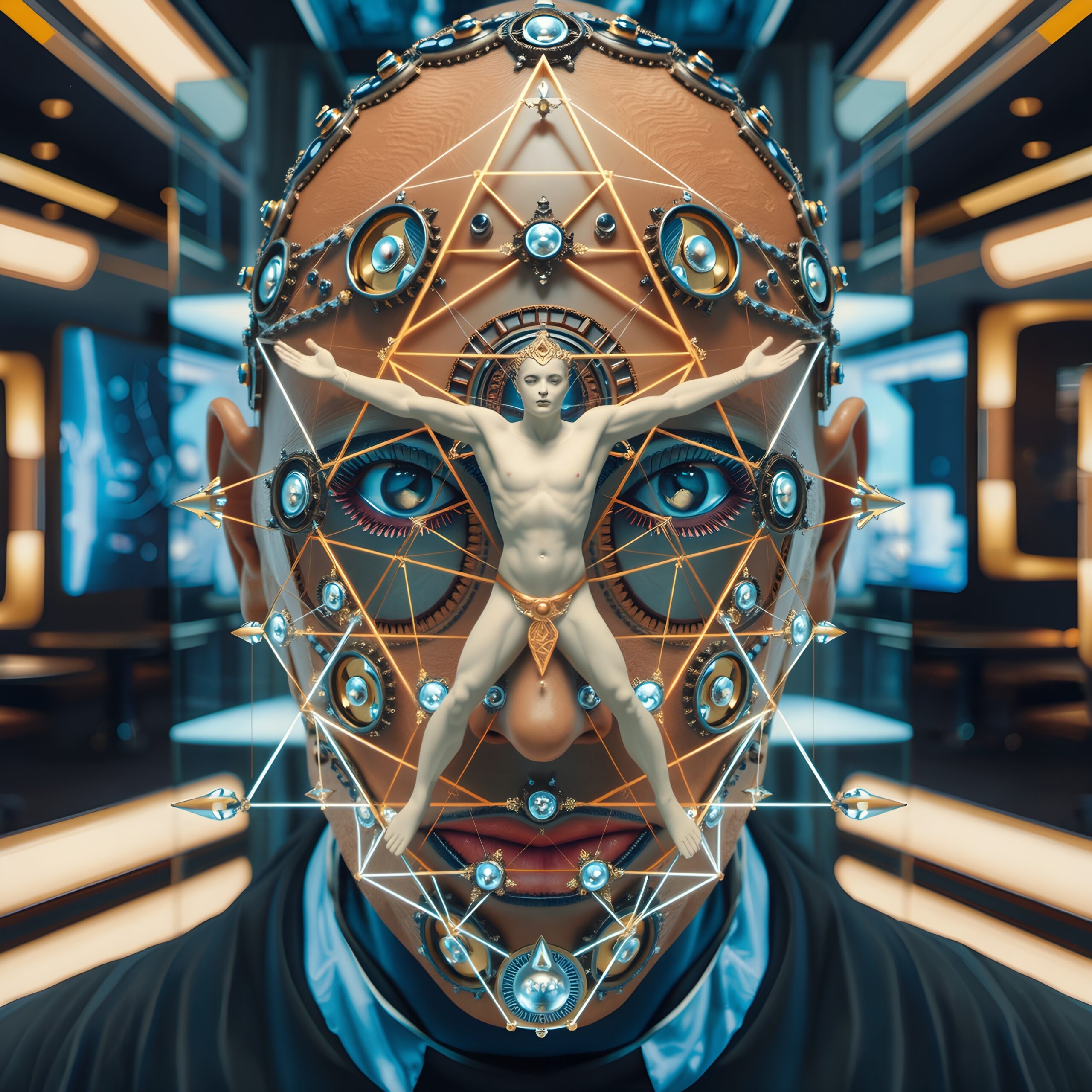 A complex image blending human and machine elements with a futuristic, symmetrical design.
