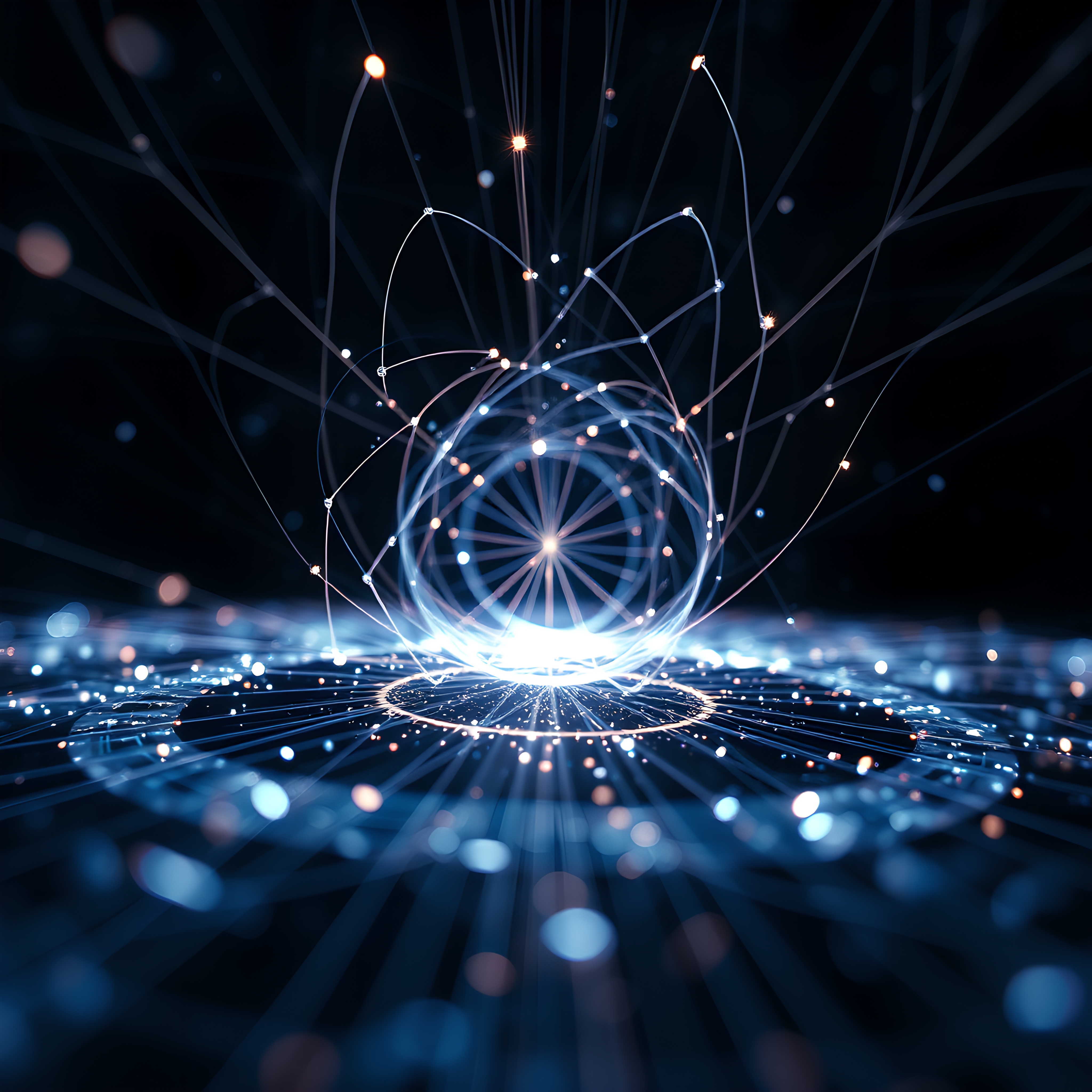 Futuristic digital network with glowing complex patterns.