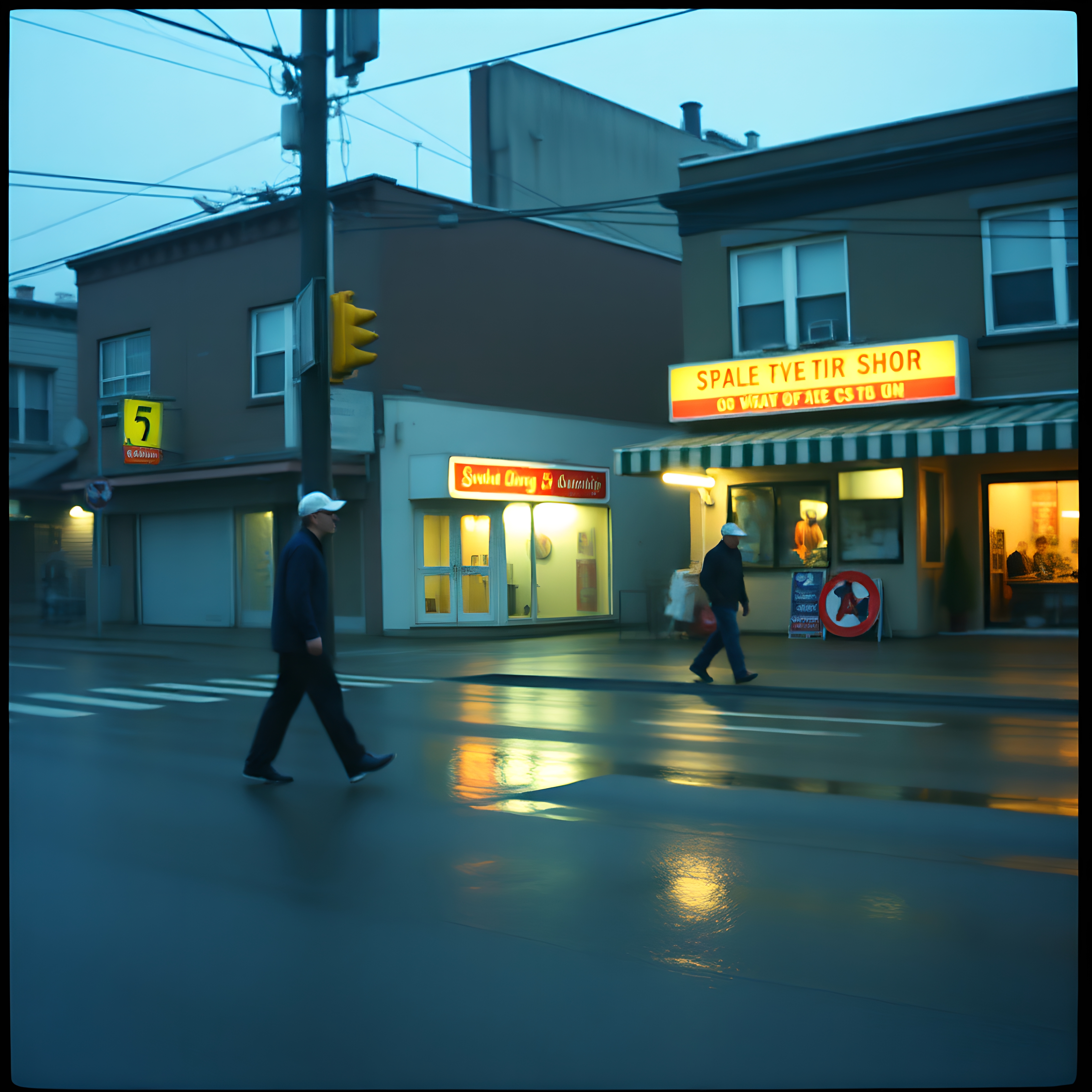 Urban street scene with pedestrians, wet road, and glowing storefronts in soft evening light.