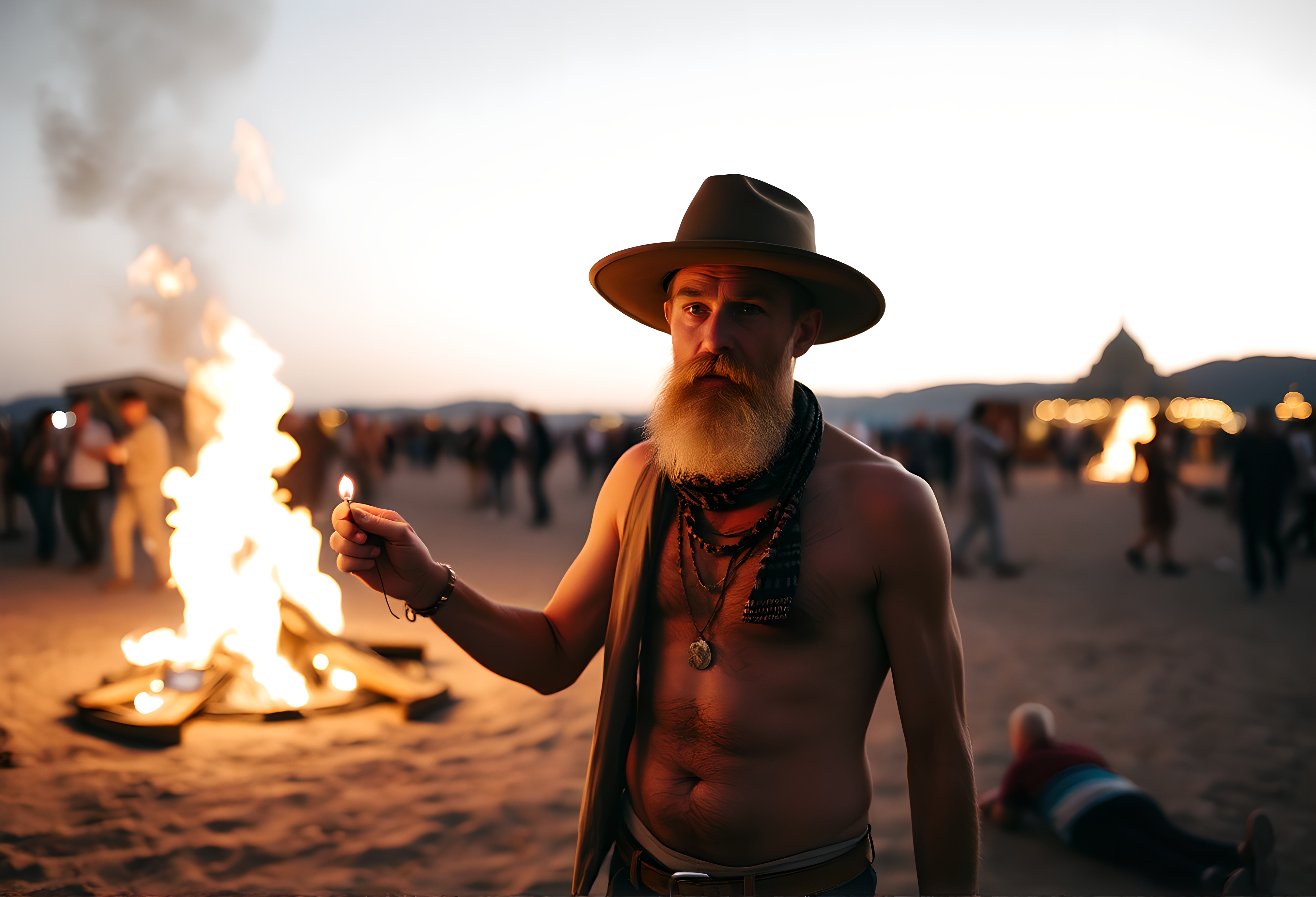 A man in a hat stands by a fire in a desert at twilight, capturing a rustic communal gathering.