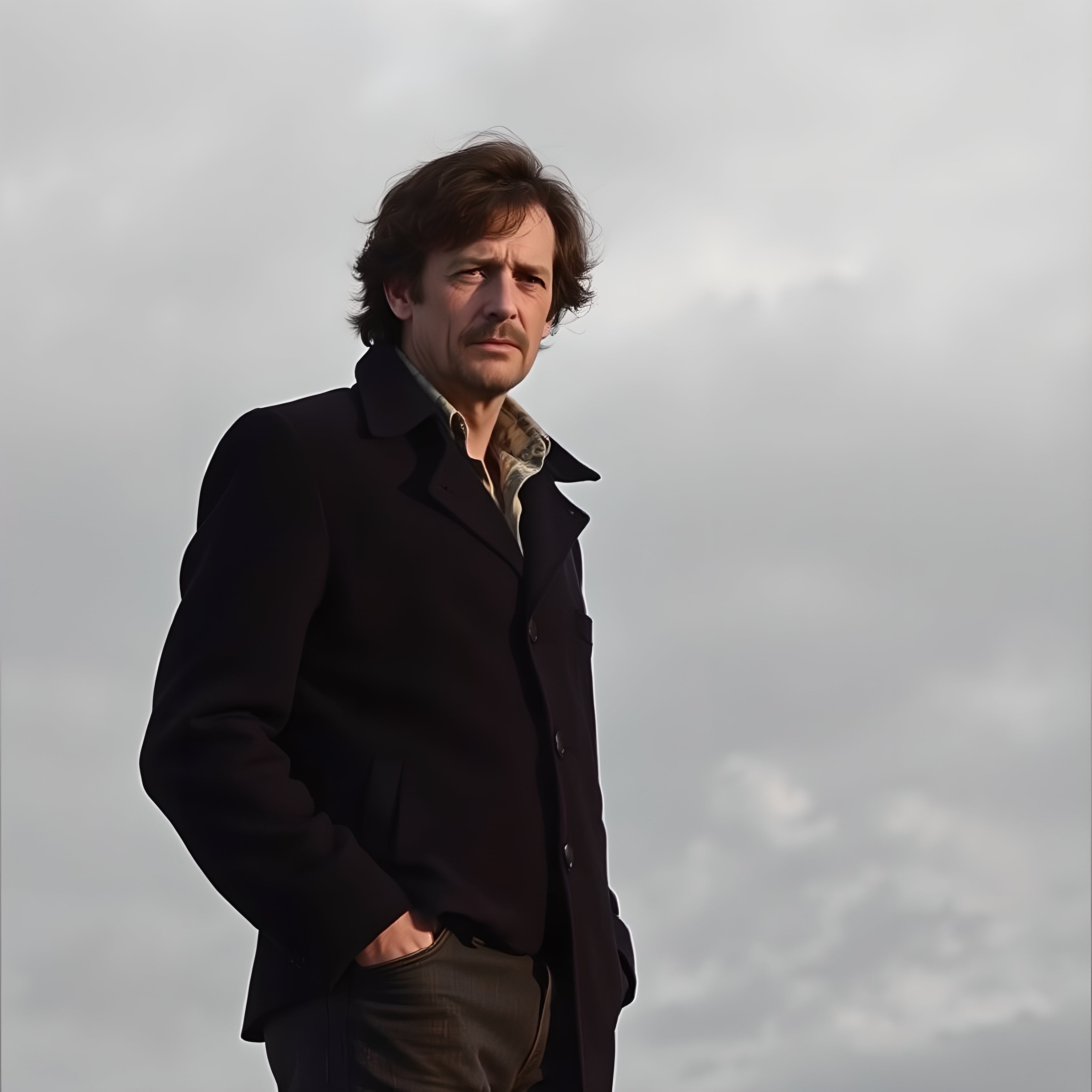 A man stands under a cloudy sky, hands in pockets, exuding a thoughtful demeanor.