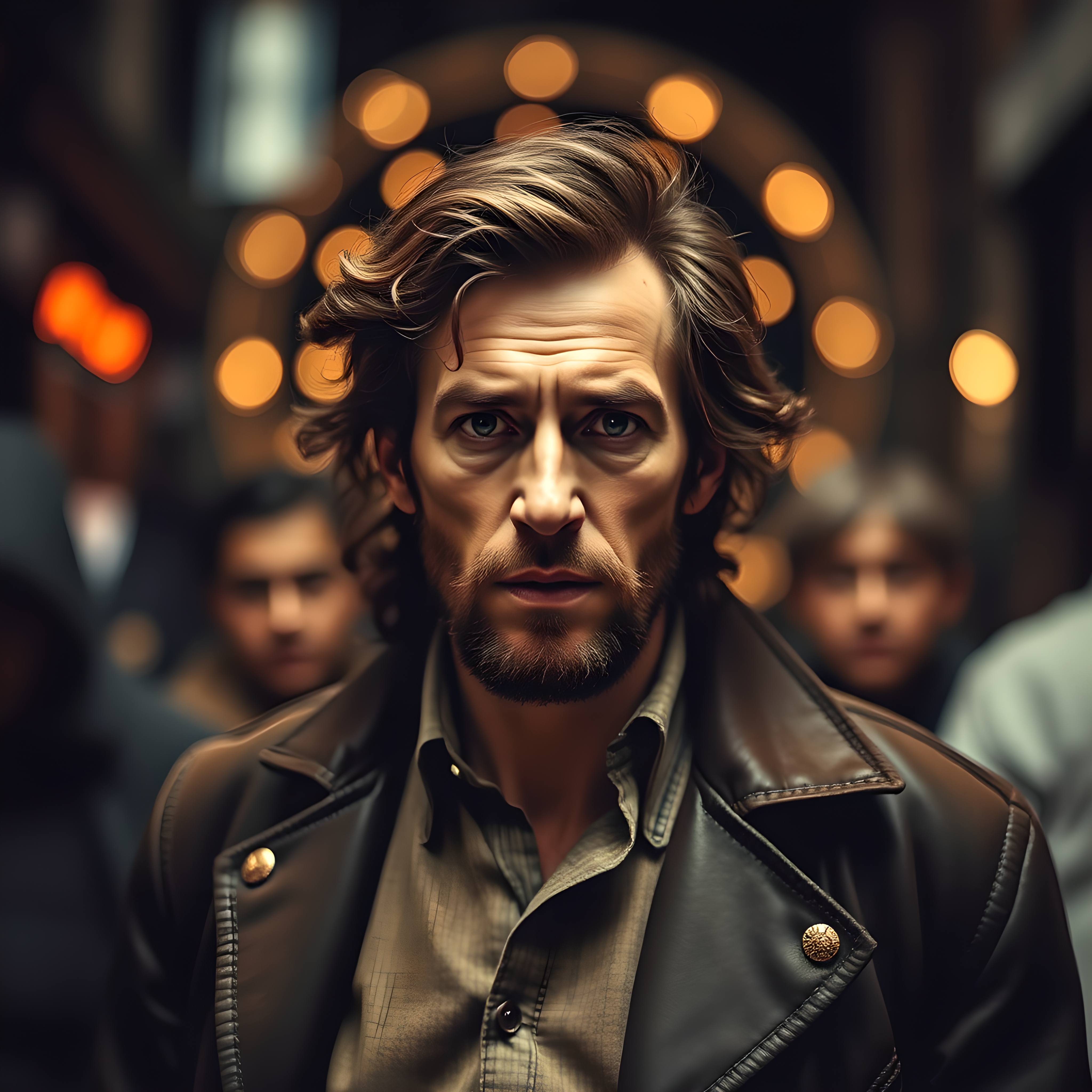 Man in brown jacket with lights backgrounds.