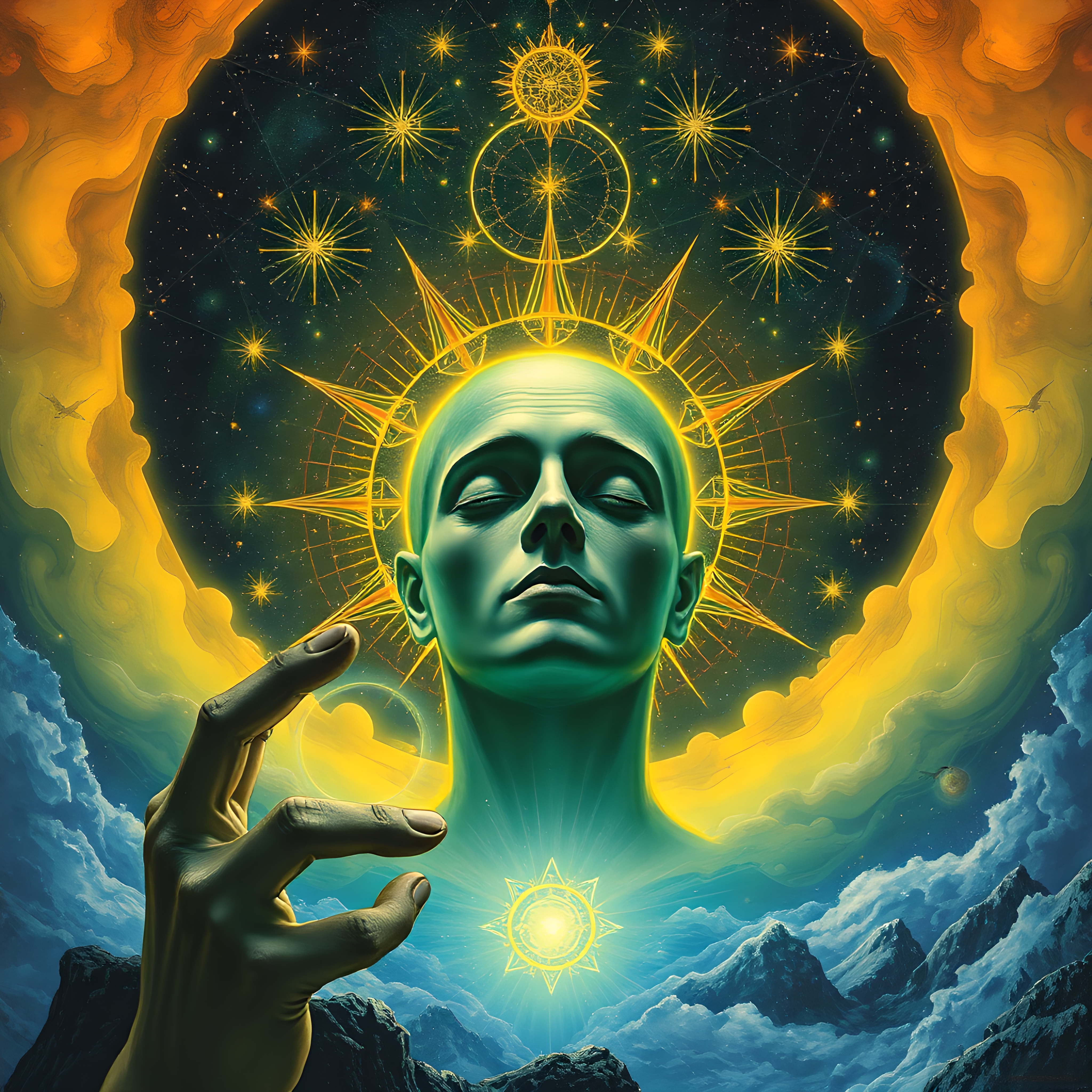 Surreal cosmic meditation with celestial elements and a halo.