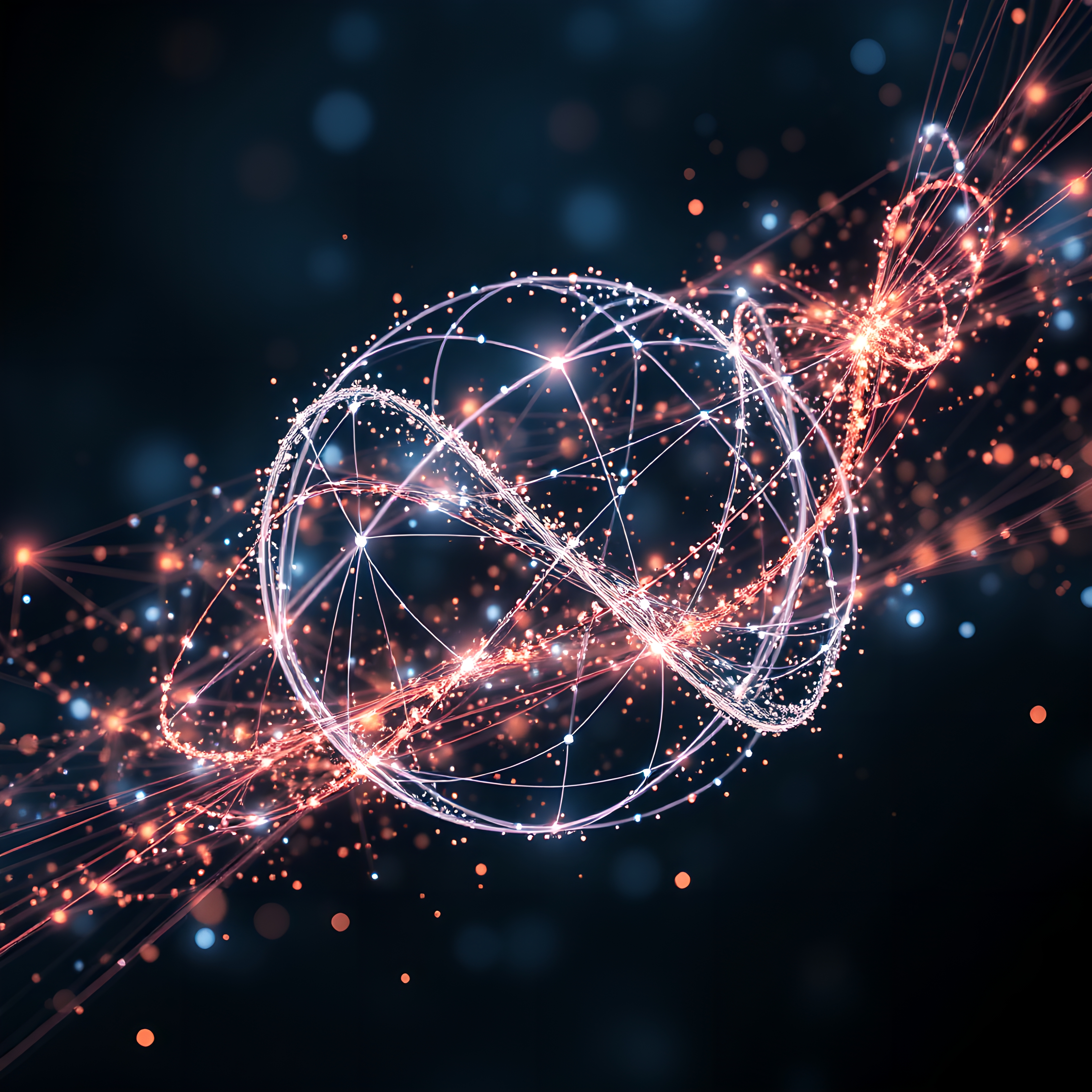 A vibrant, futuristic digital rendering with glowing helix lines and particles against a dark background.