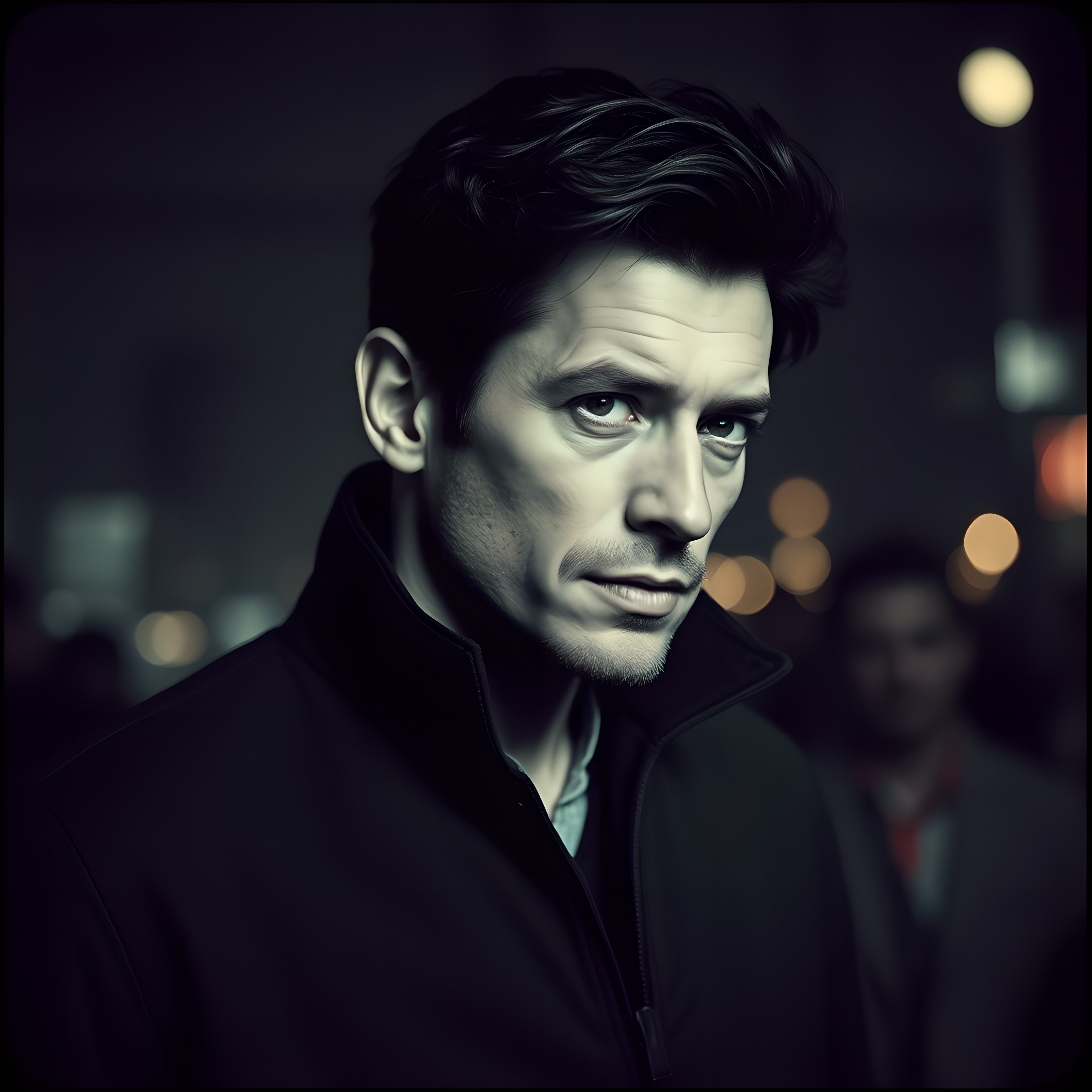 Portrait of a serious man with intense expression in moody lighting.