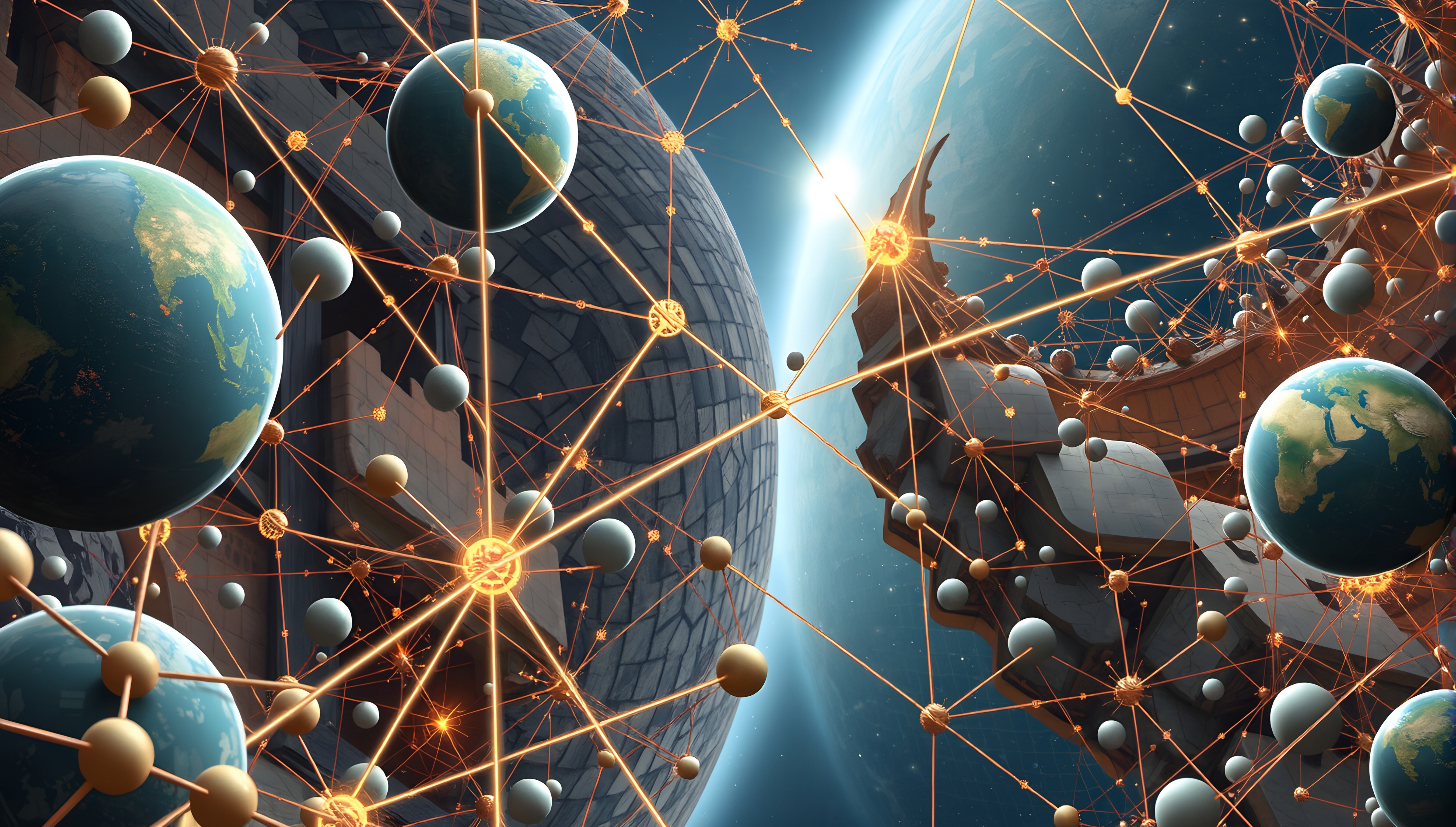 A cosmic network of interconnected spheres floating in space, highlighting connectivity and technology.