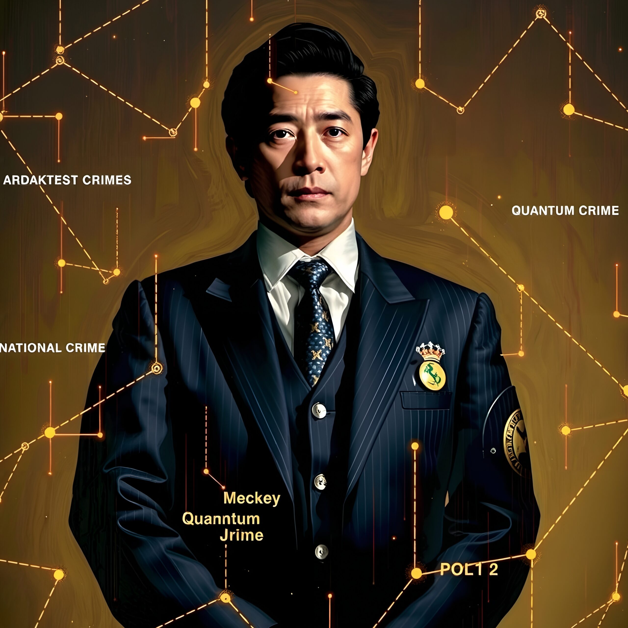A serious man in a suit stands against a digital network background themed around "Quantum Crime."
