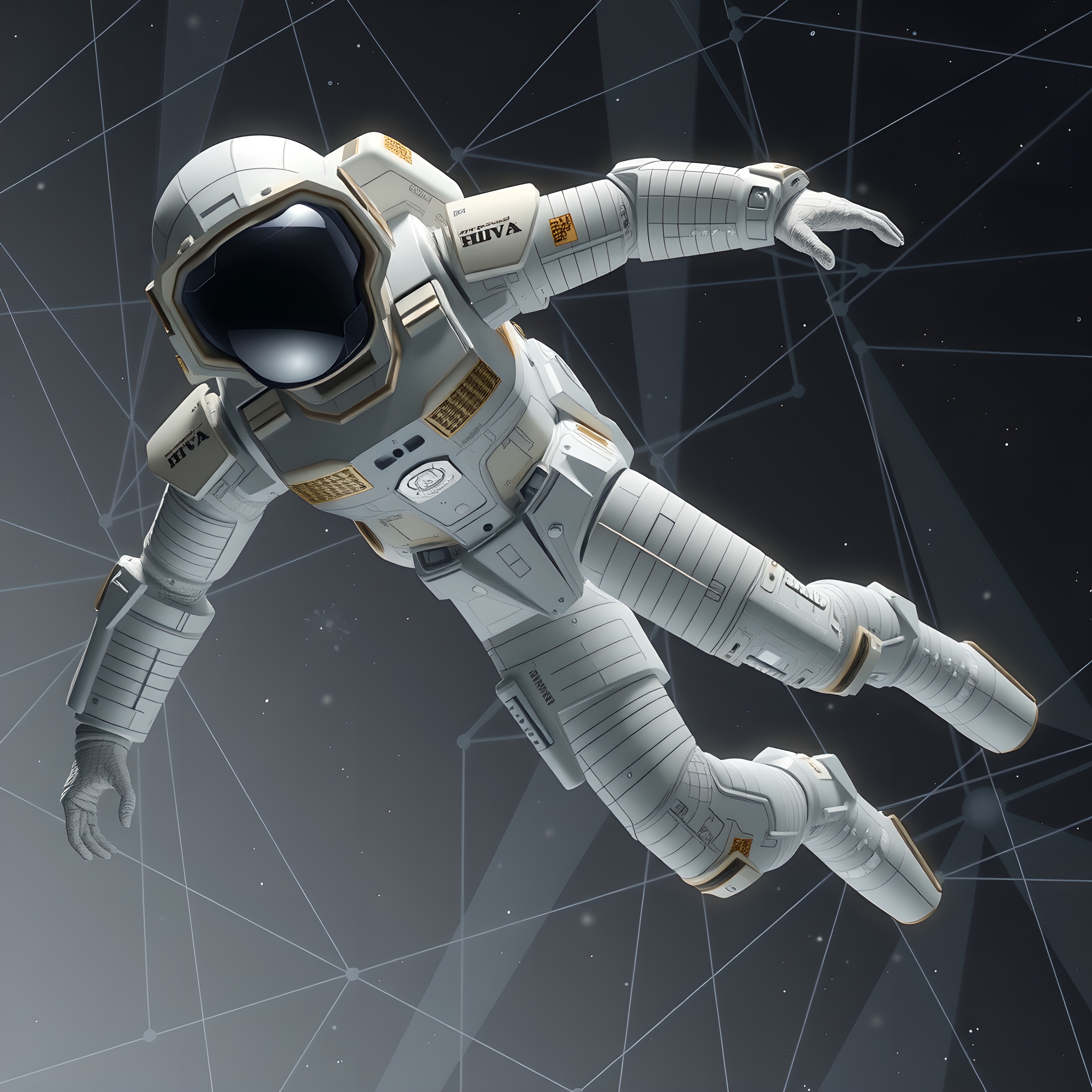 Astronaut in a detailed, futuristic suit floating in space.