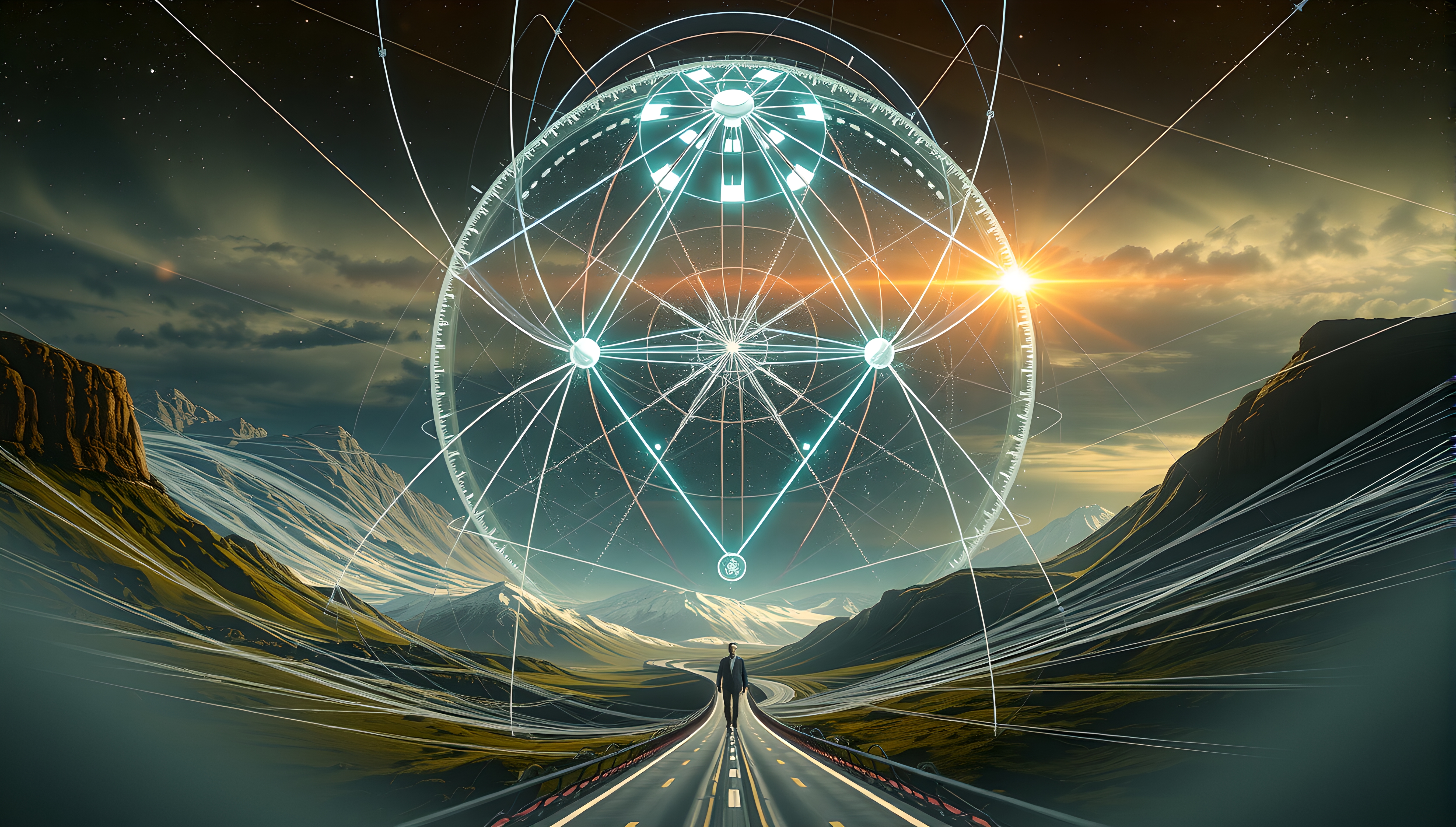 A lone traveler on a futuristic road under a massive geometric structure amidst a scenic mountain landscape.