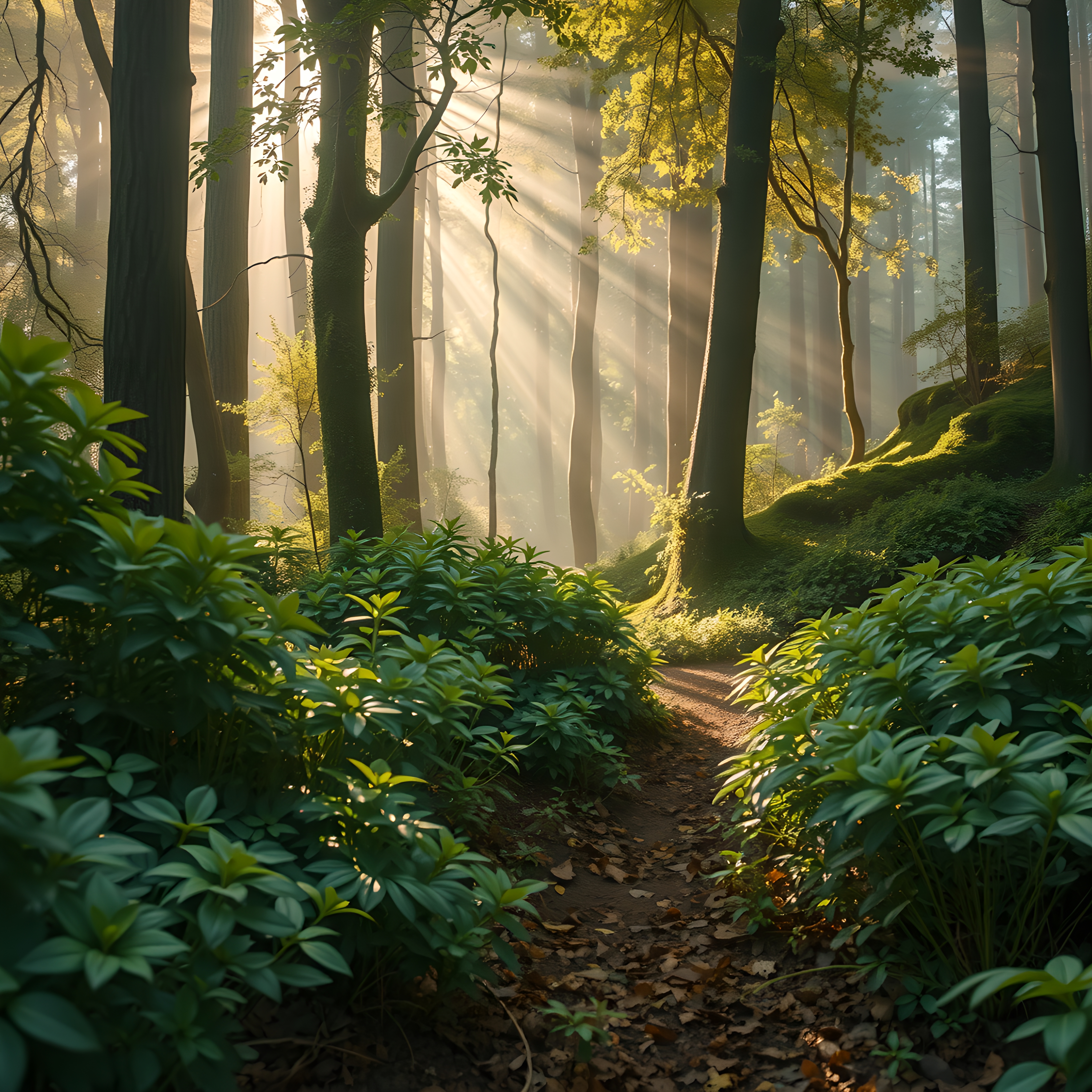 A sunlit forest path with golden morning beams filtering through tall trees and lush greenery.