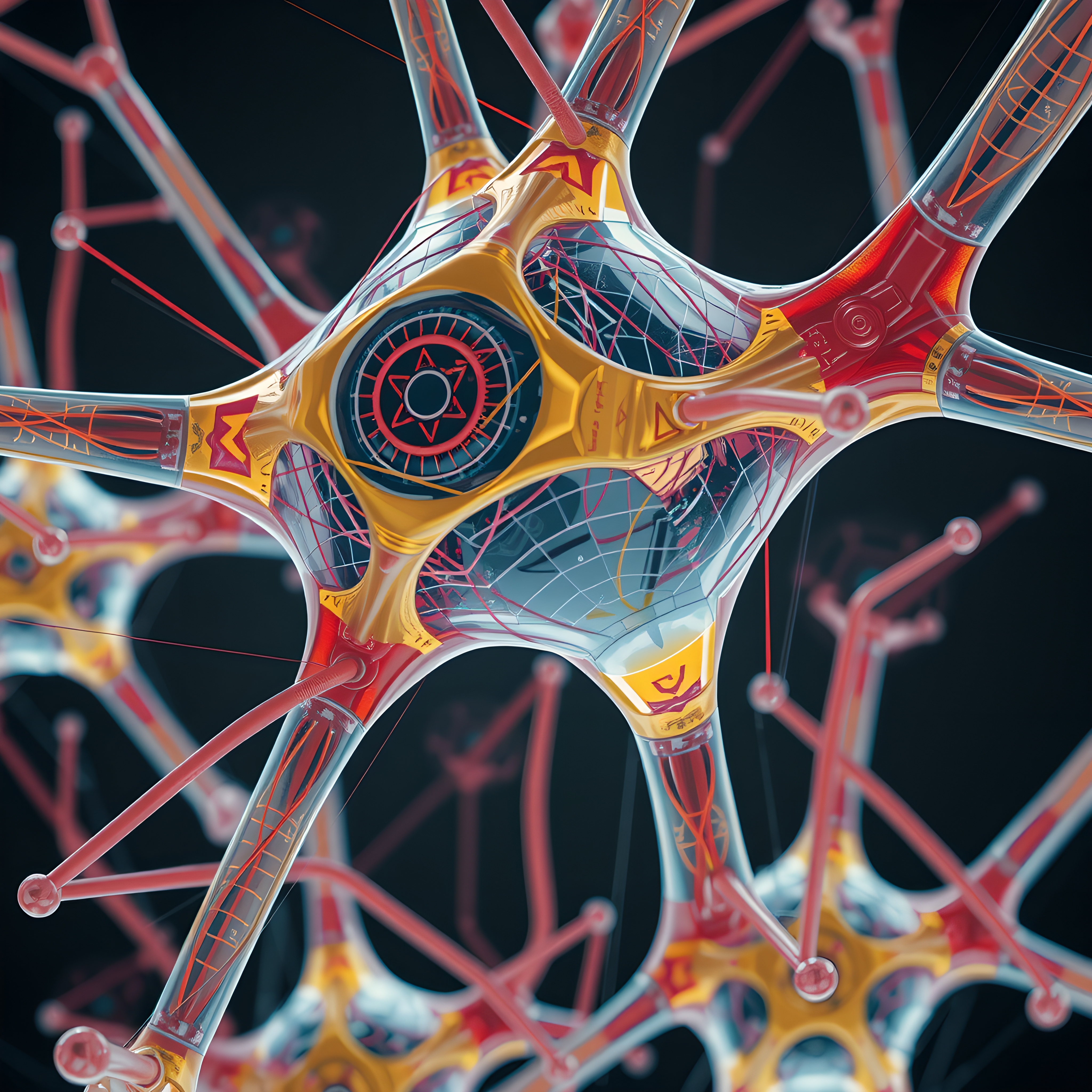 A detailed and colorful digital representation of futuristic neuron structures with geometric patterns on a dark background.