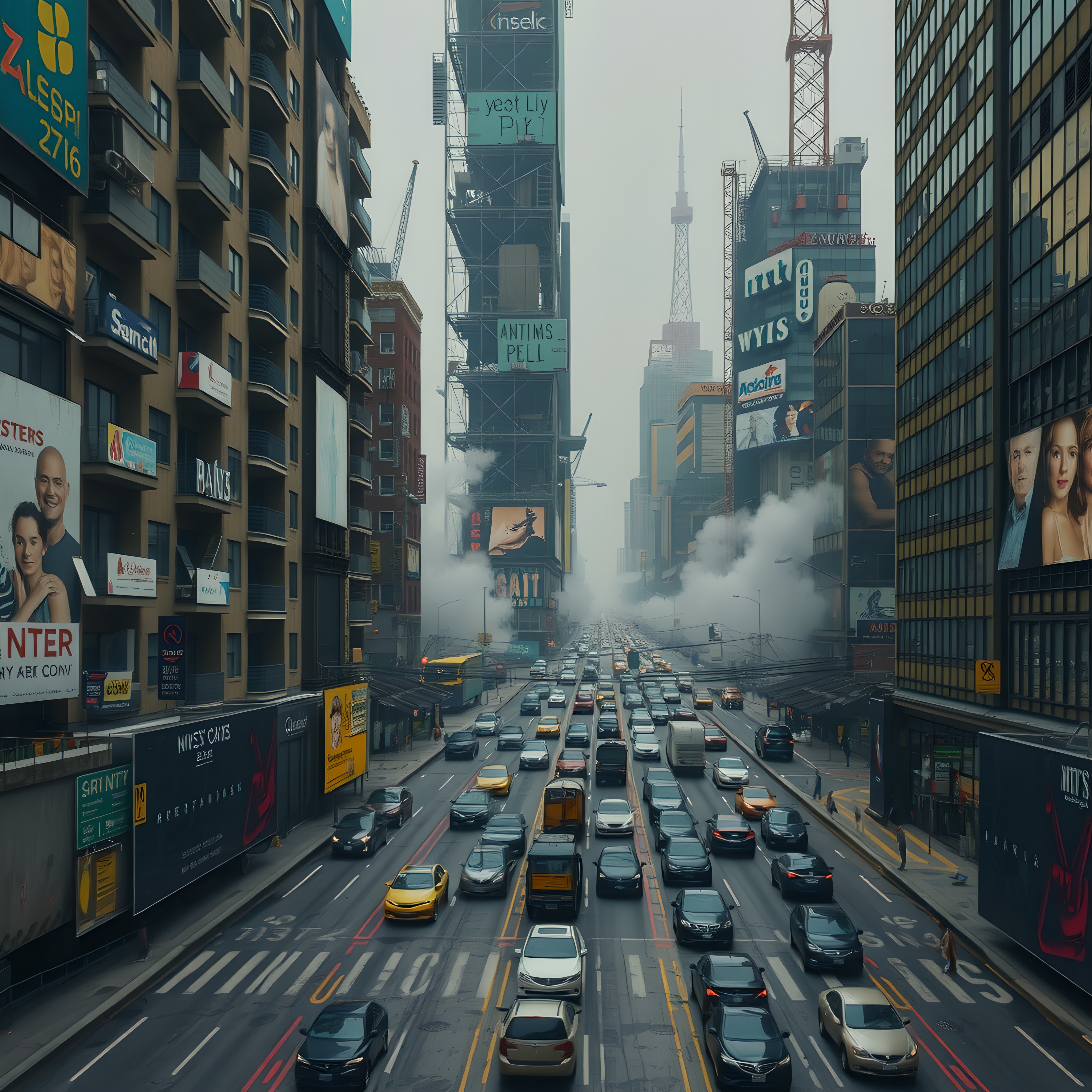 Bustling city street with cars and towering skyscrapers adorned with vibrant advertisements.