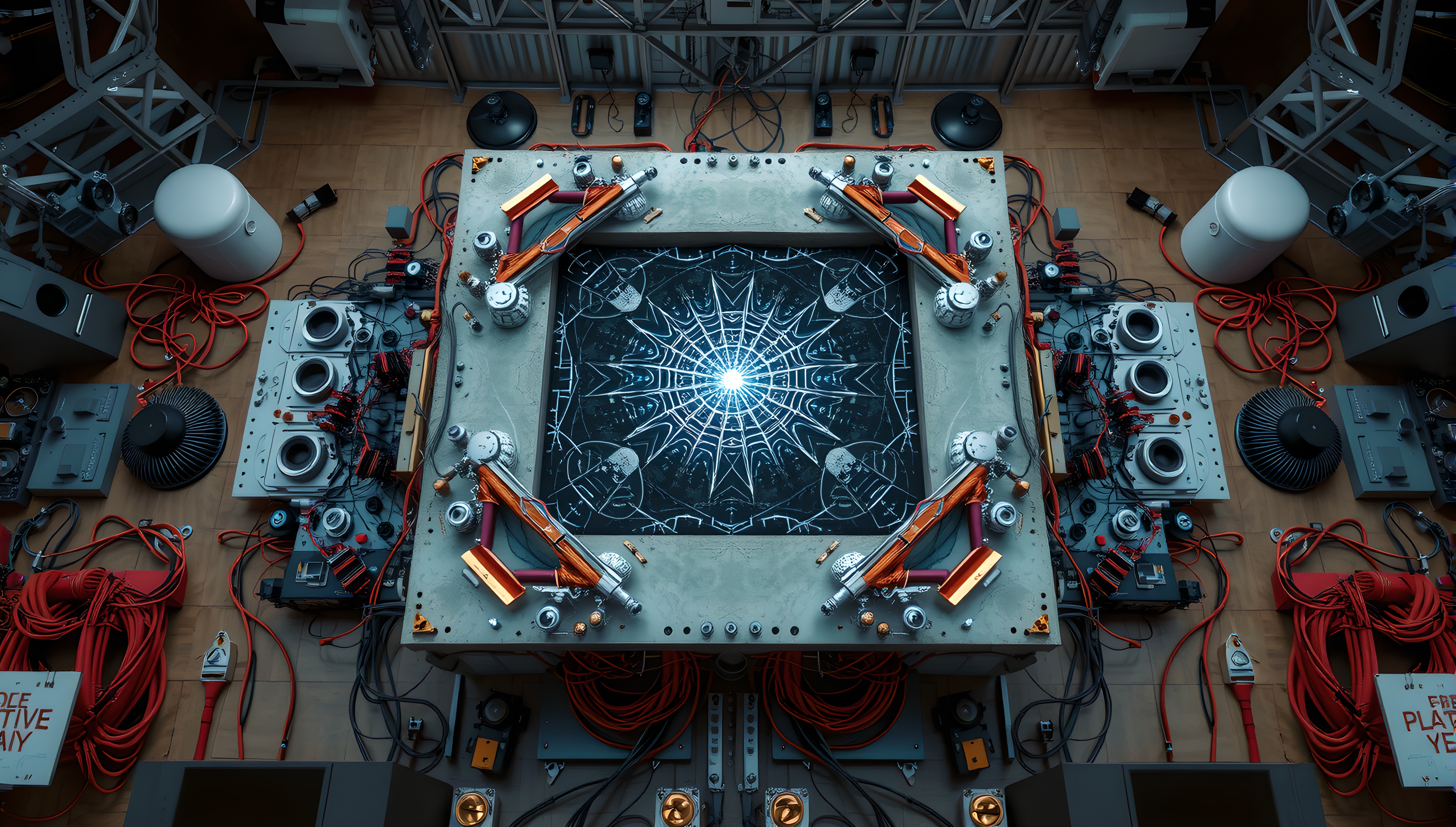 A high-tech setup with metallic components and web-like design center.