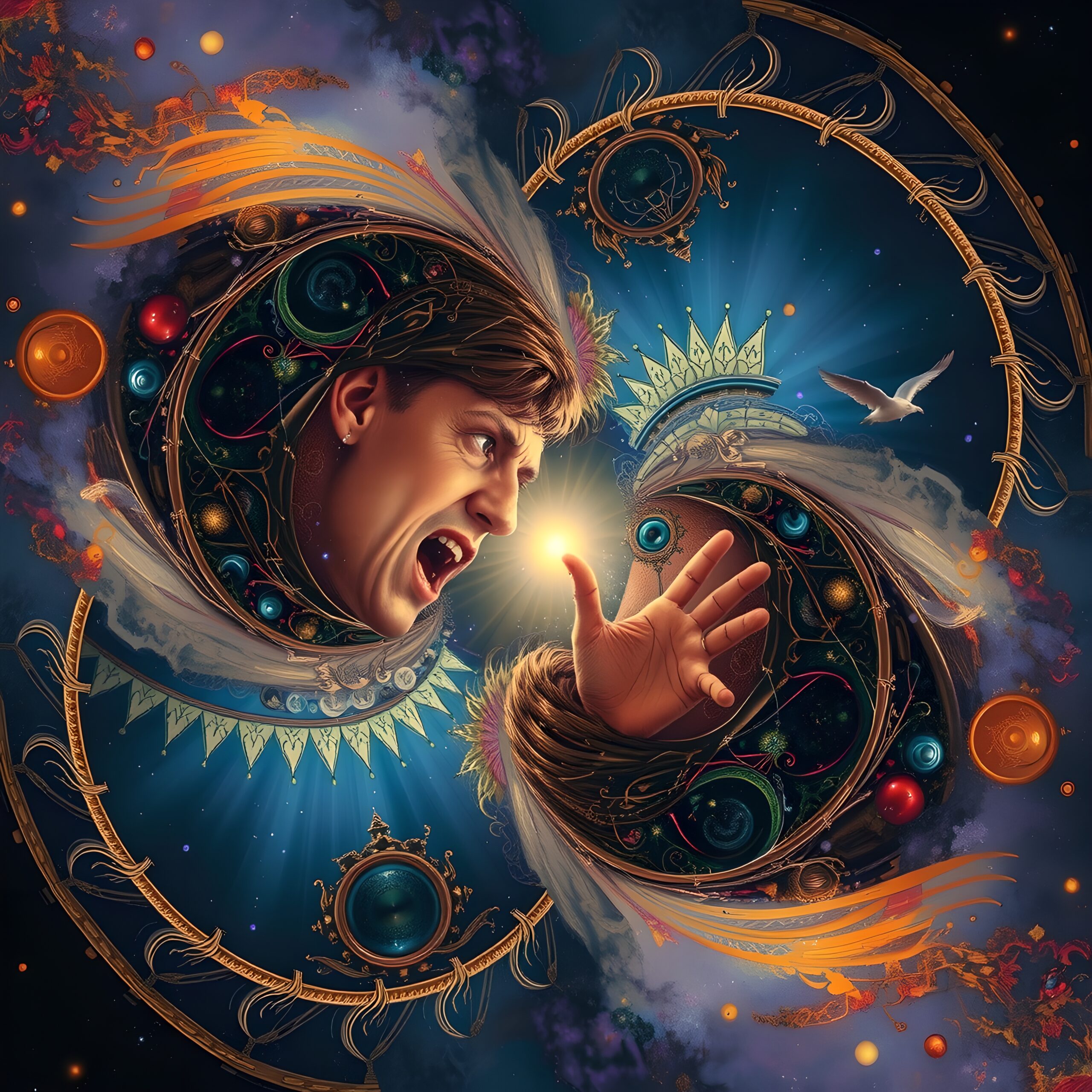 A person expresses emotion amid cosmic and intricate elements against a deep blue starry sky.