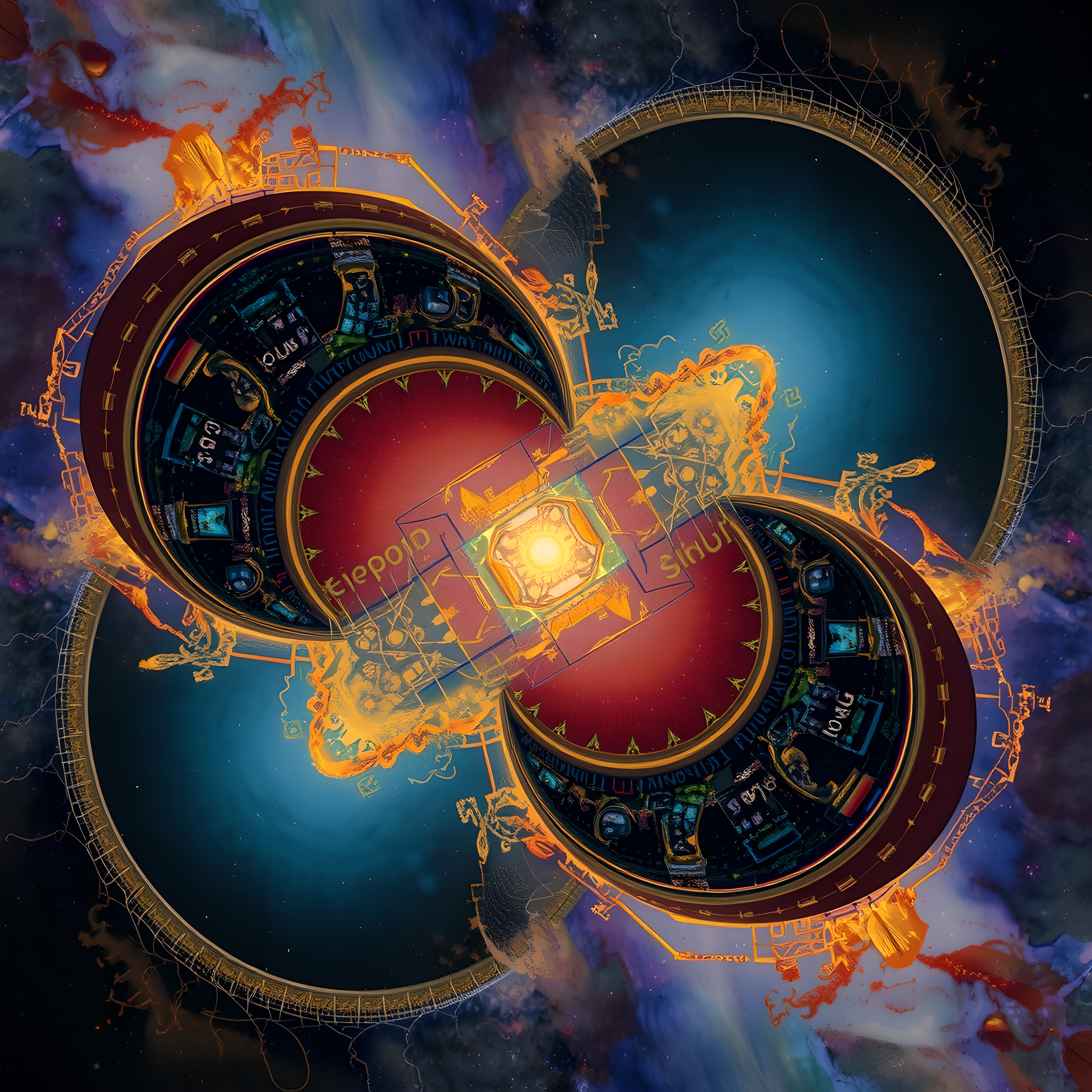 "Abstract cosmic machinery with glowing orb and intricate gears in vibrant colors."