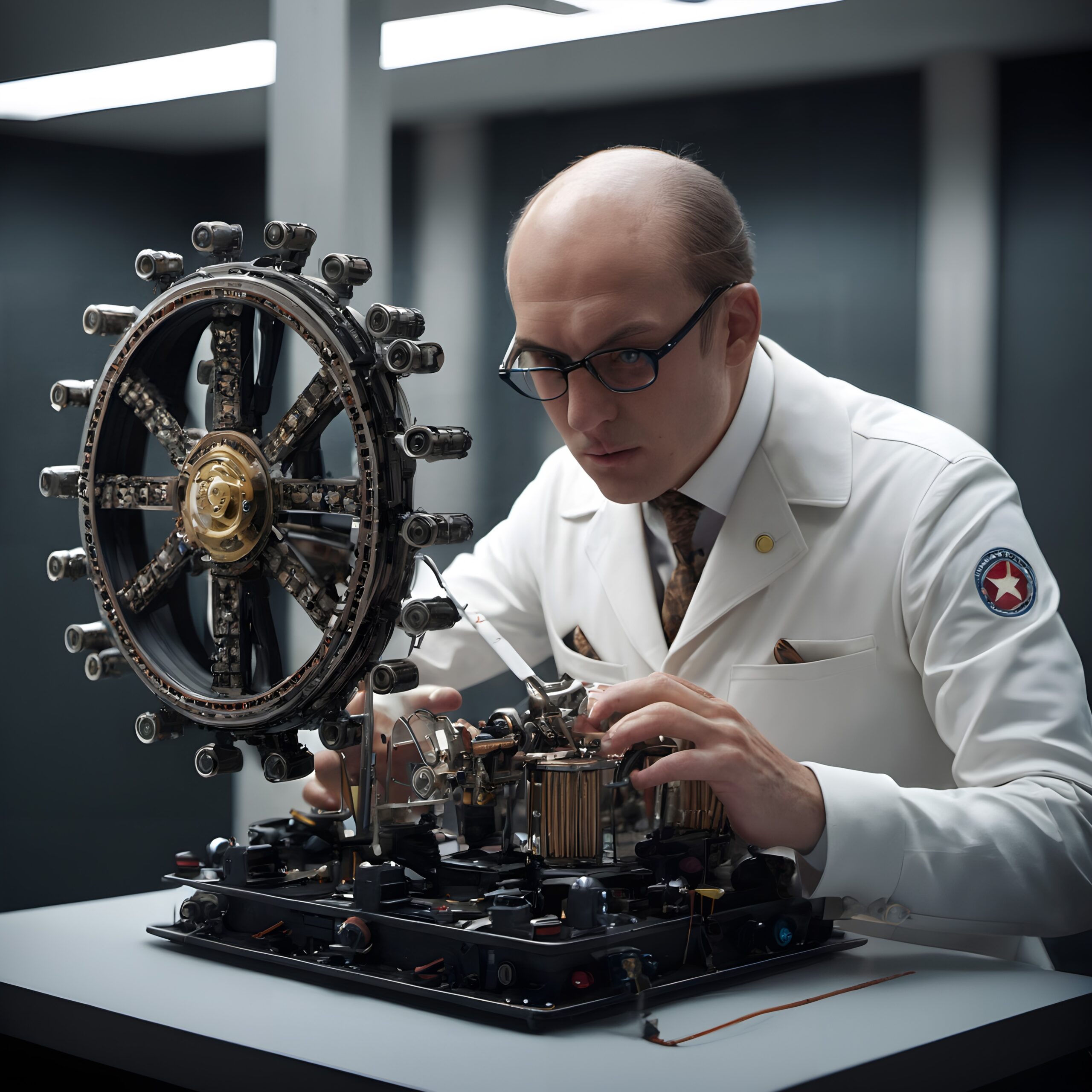 A focused scientist works on a complex mechanical device in a modern laboratory.