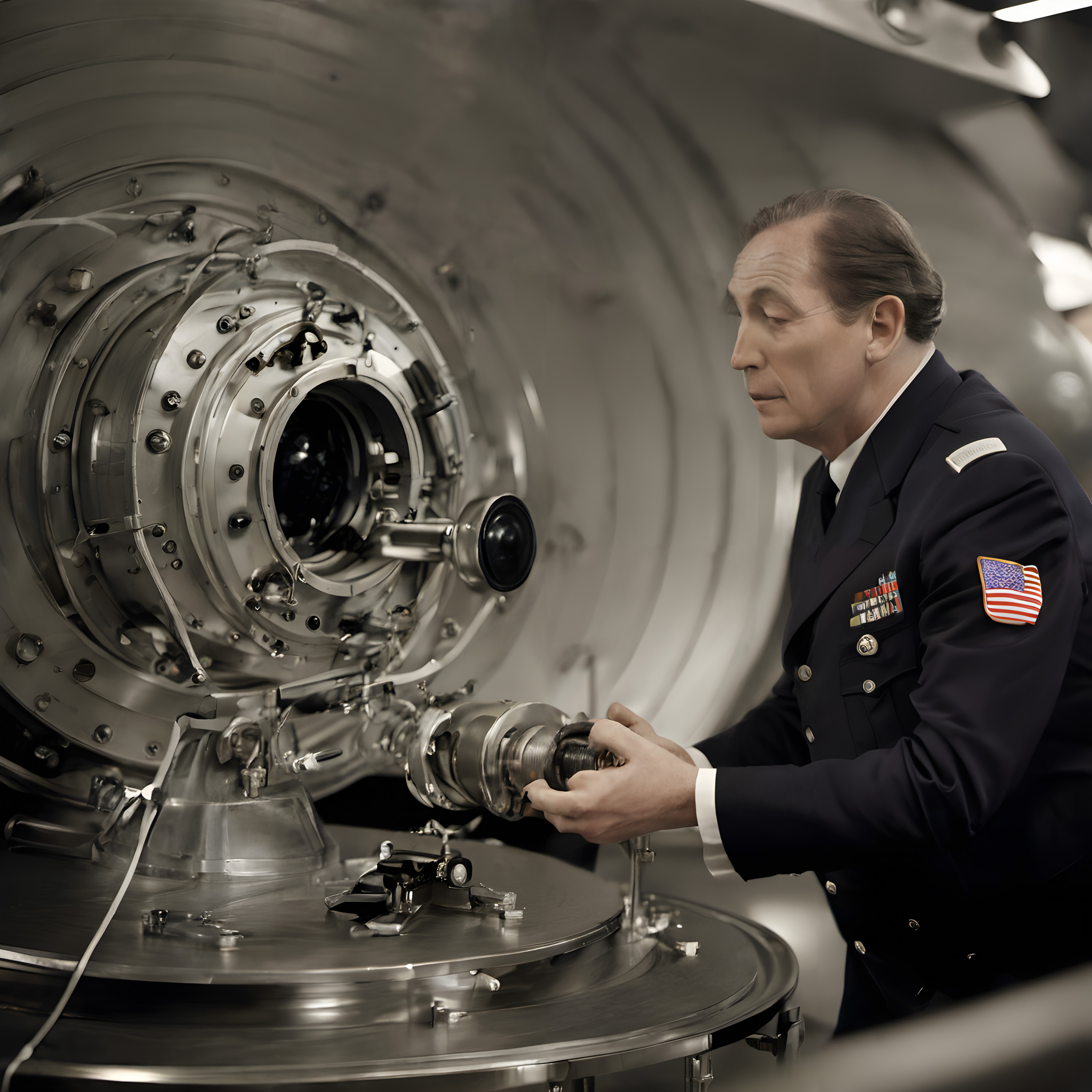 Military officer inspects complex machinery.