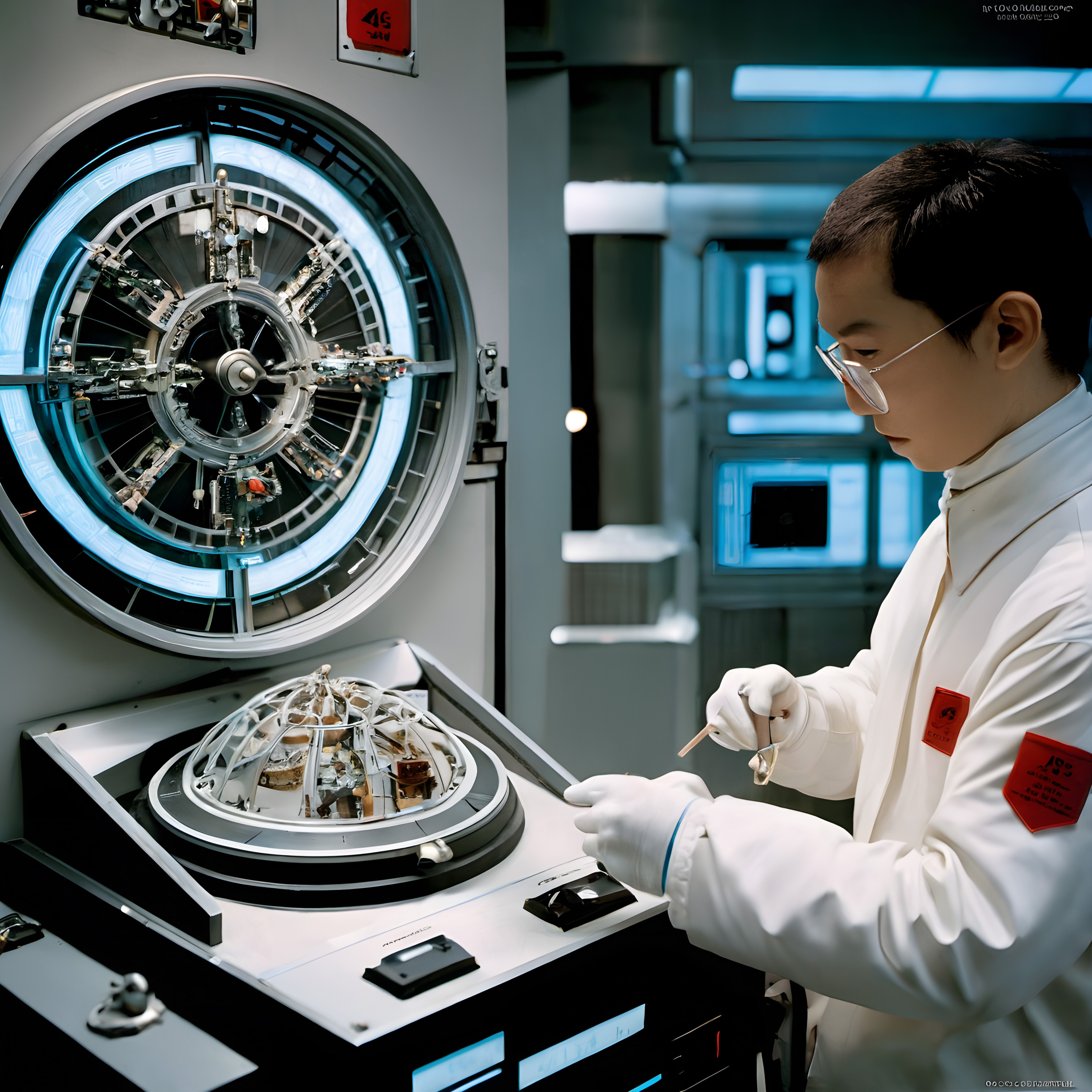A scientist works in a futuristic laboratory with a glowing instrument, showcasing technology and precision.