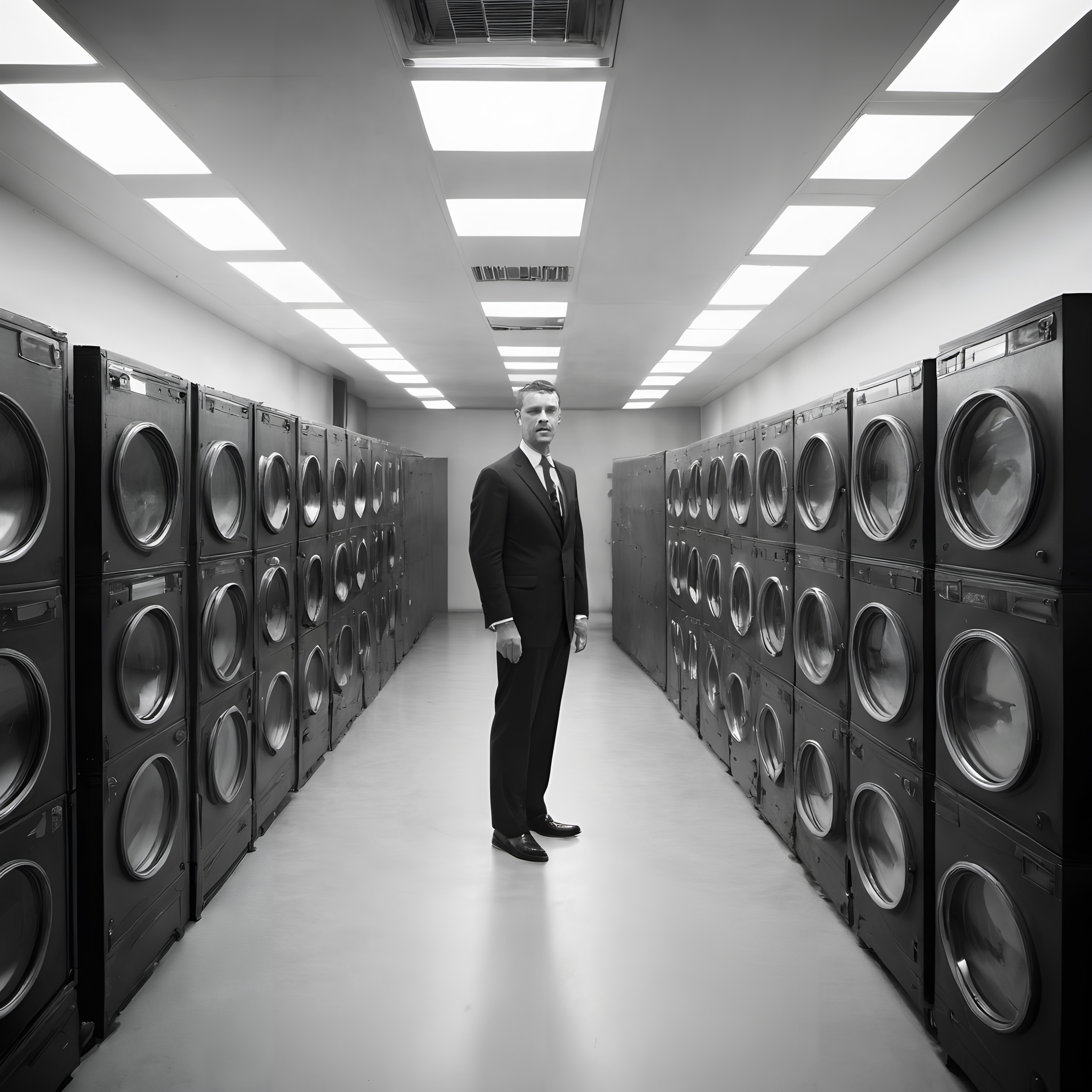 Man in Suit Among Machines