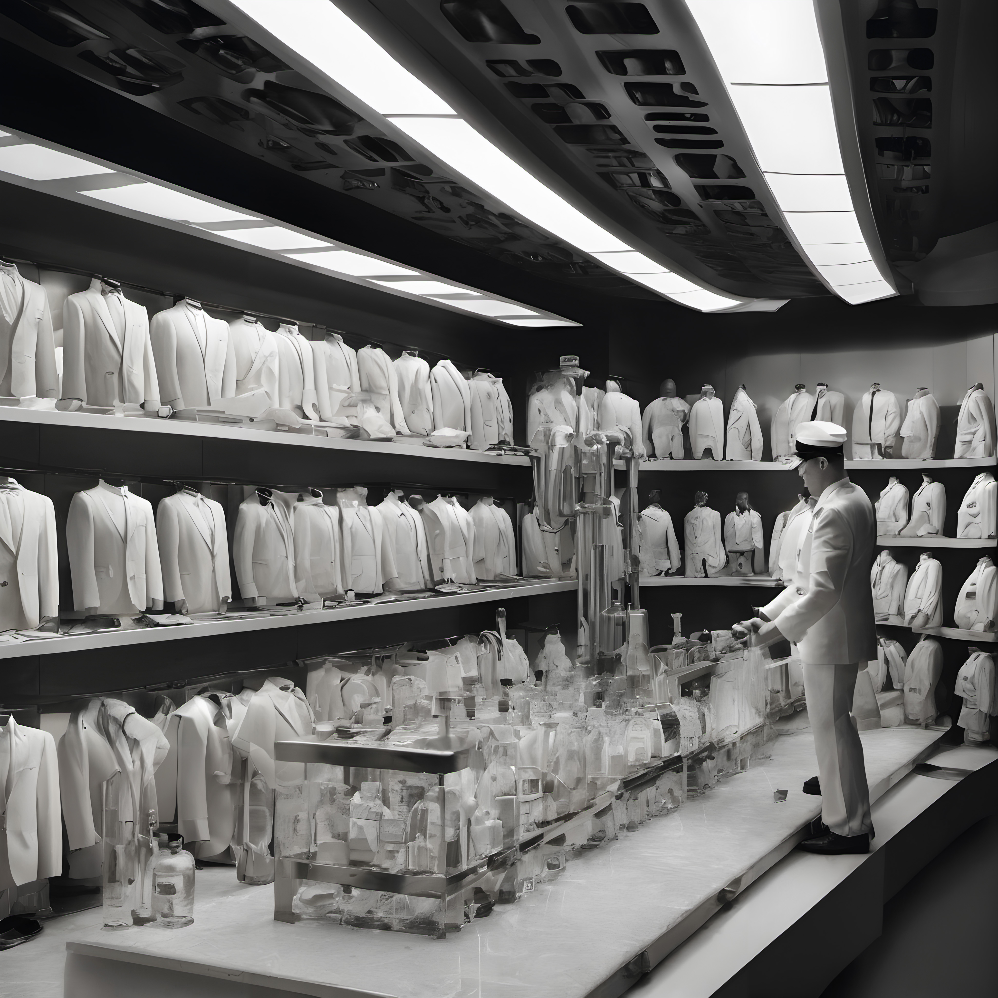 A futuristic room with white suits and a person in a lab-like setting.