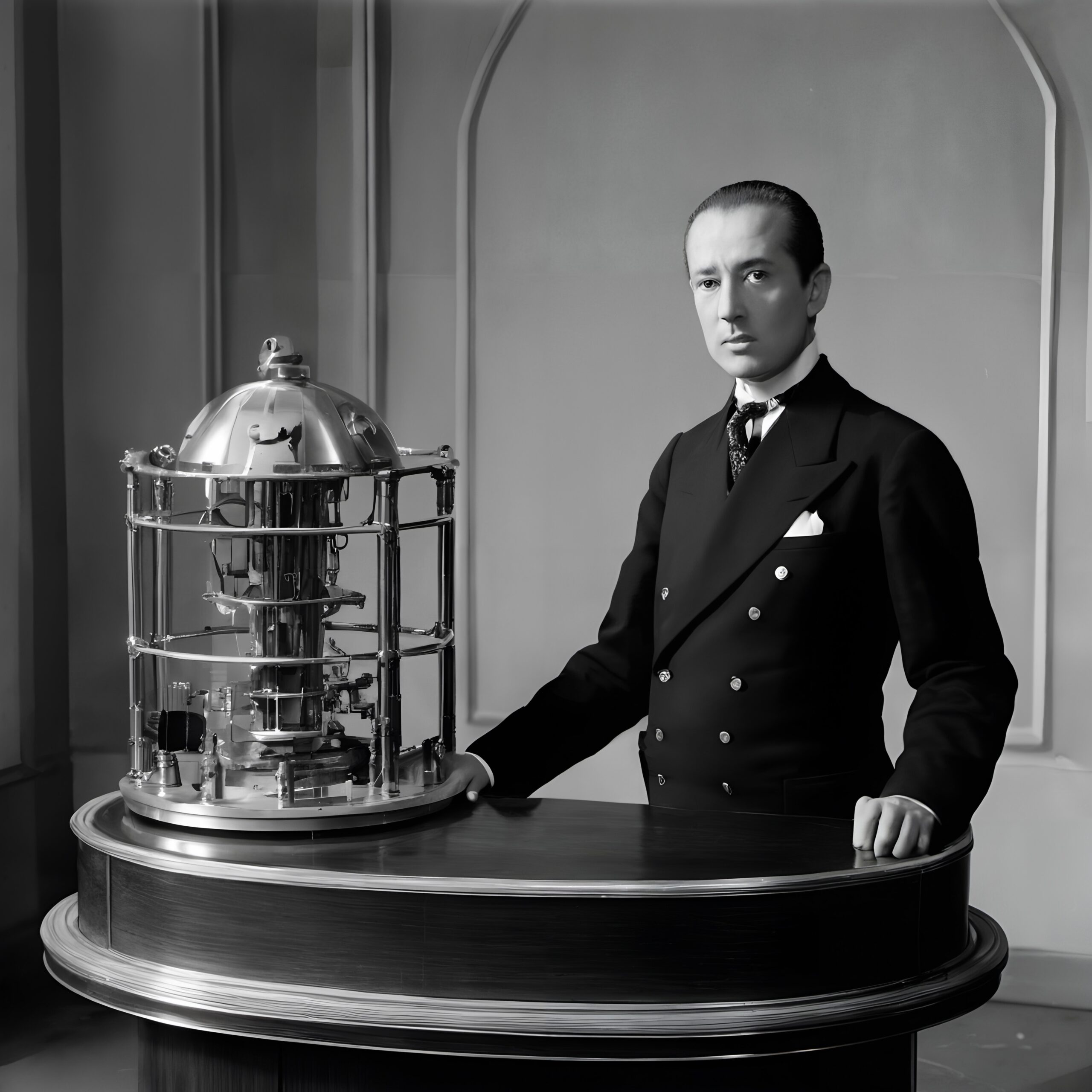 A distinguished man in formal attire stands beside a polished scientific instrument, showcasing vintage engineering in black and white.