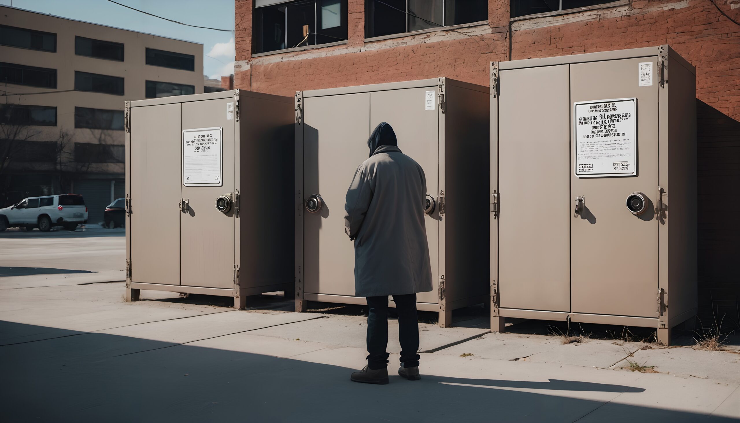 A person in a hooded jacket examines urban industrial lockers under sunlight against a brick building backdrop.