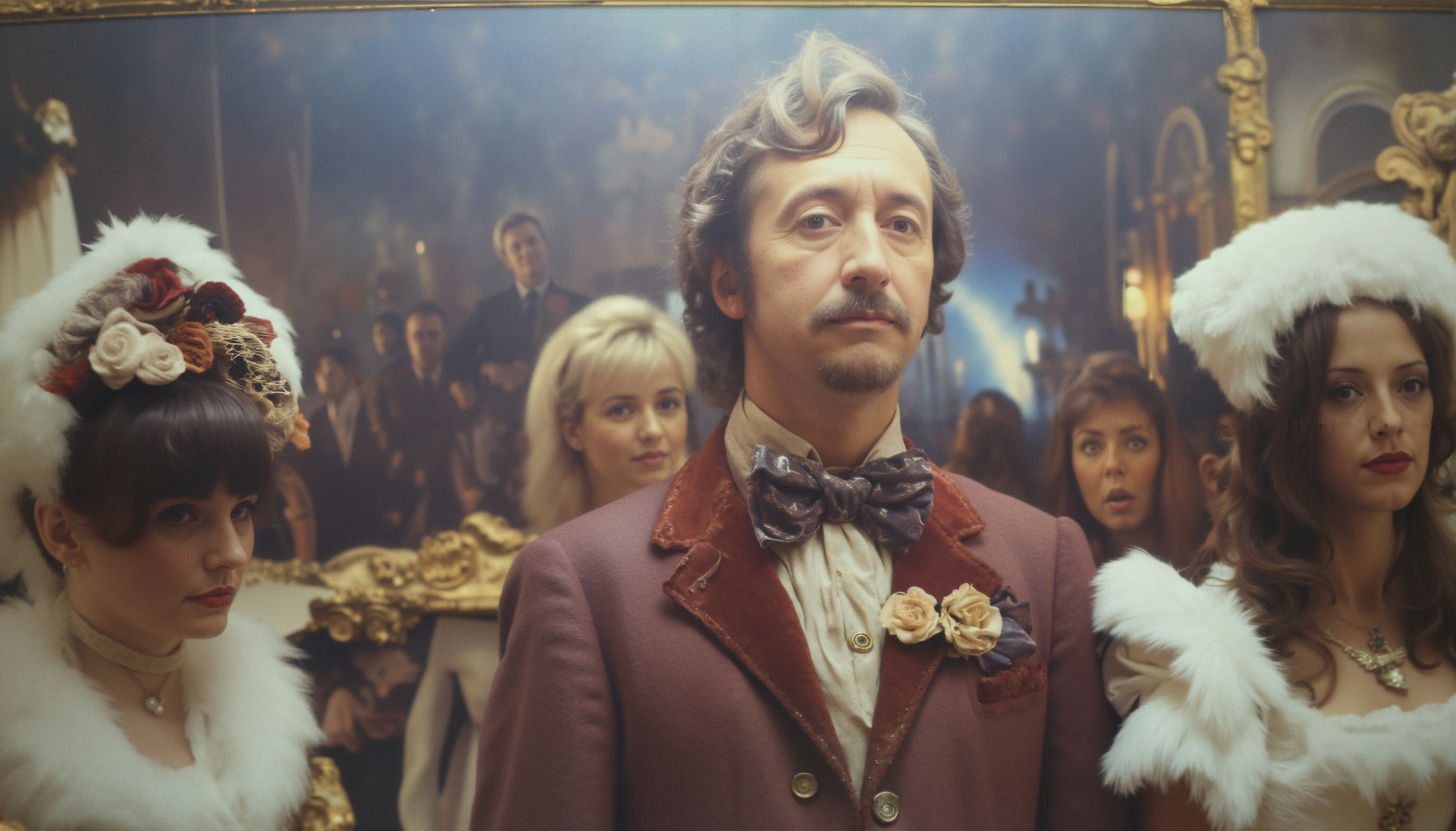 A man in a vintage suit surrounded by elegantly dressed women at a historical event.