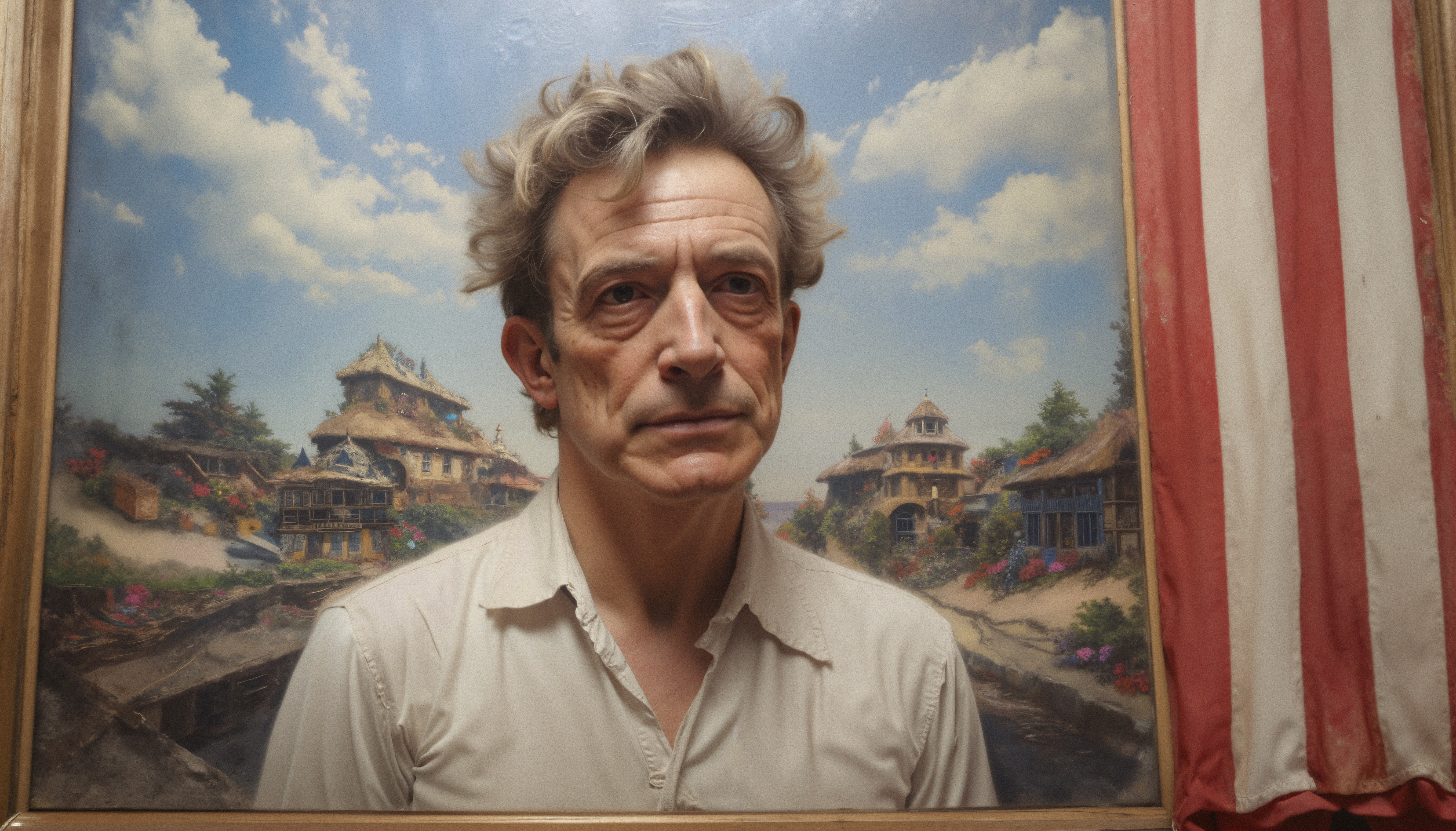 A person posing in front of a painting with village scenery.