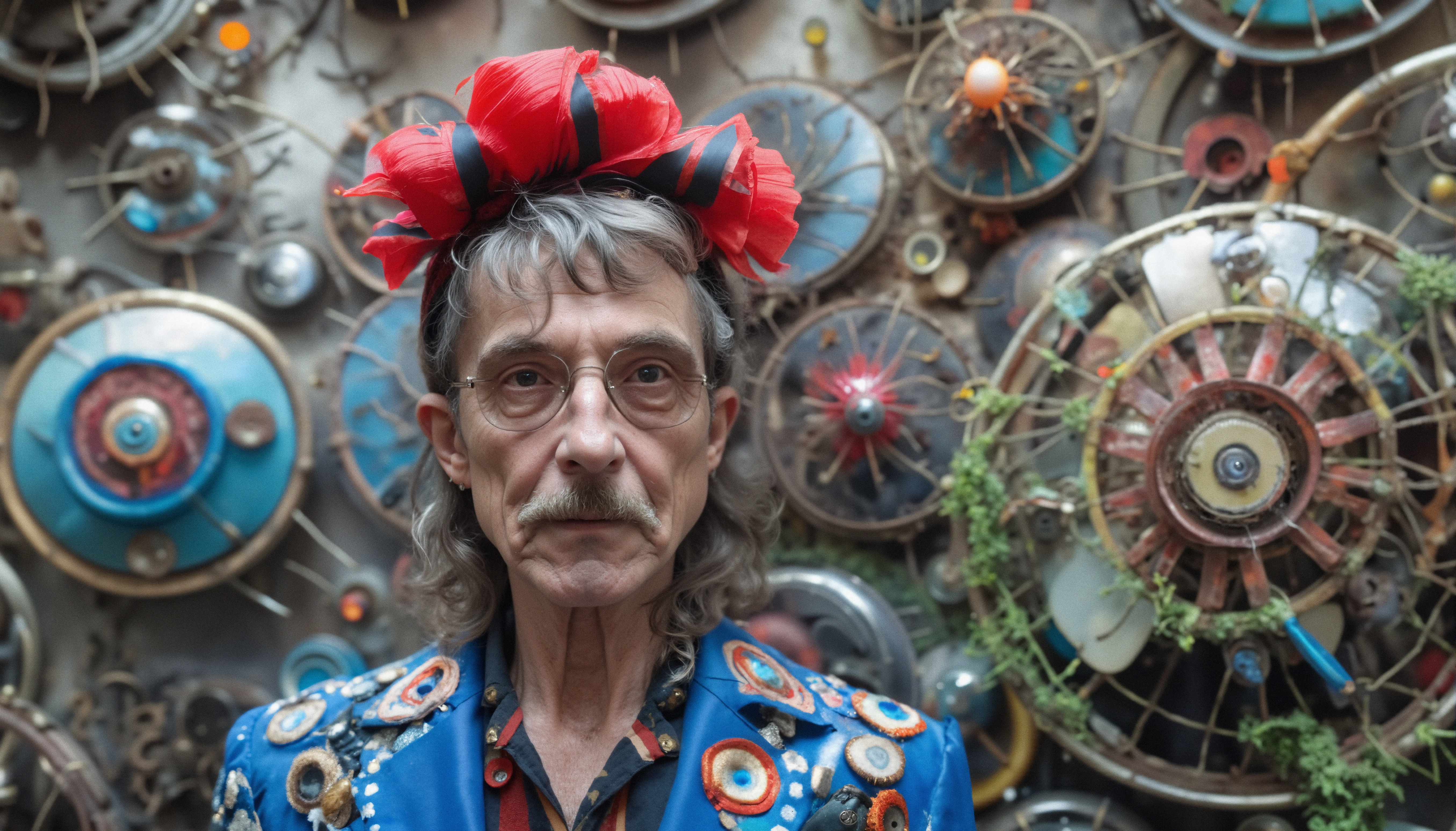 A man with a red bow stands before an artistic mechanical background with colorful decorative patterns.