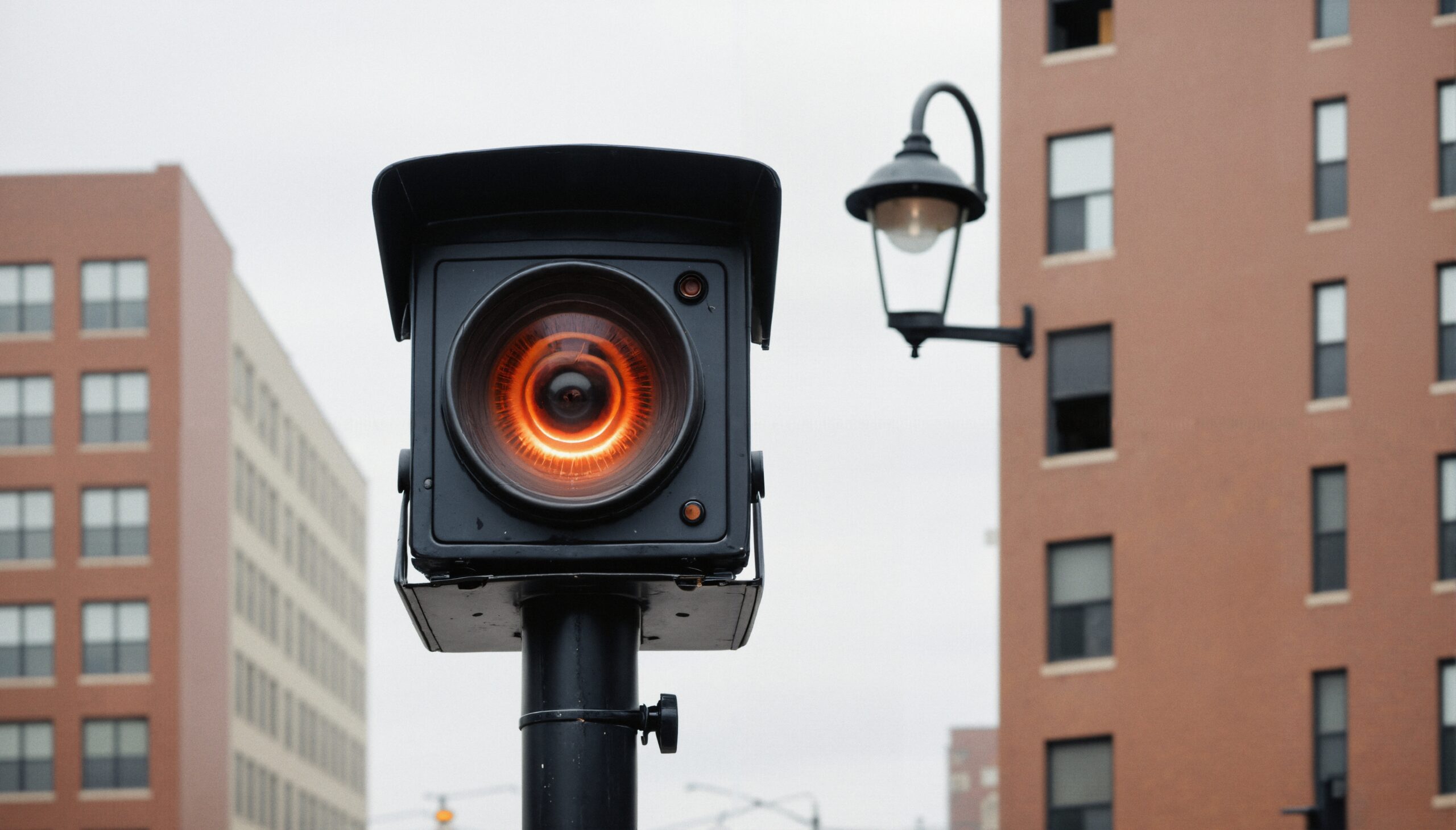 A unique urban traffic light with an orange glow against a city building backdrop.