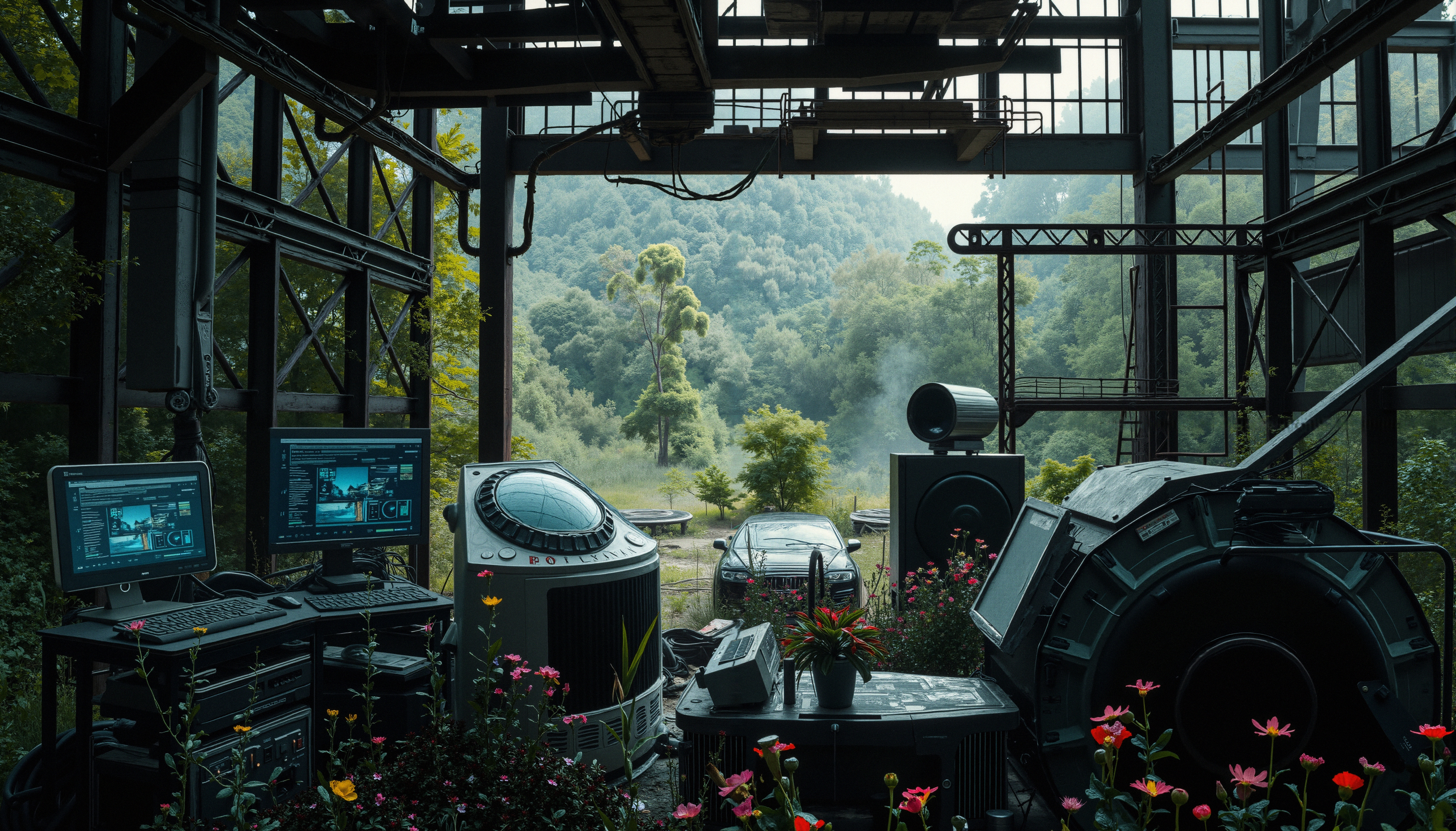 A futuristic industrial workspace with advanced technology and nature.
