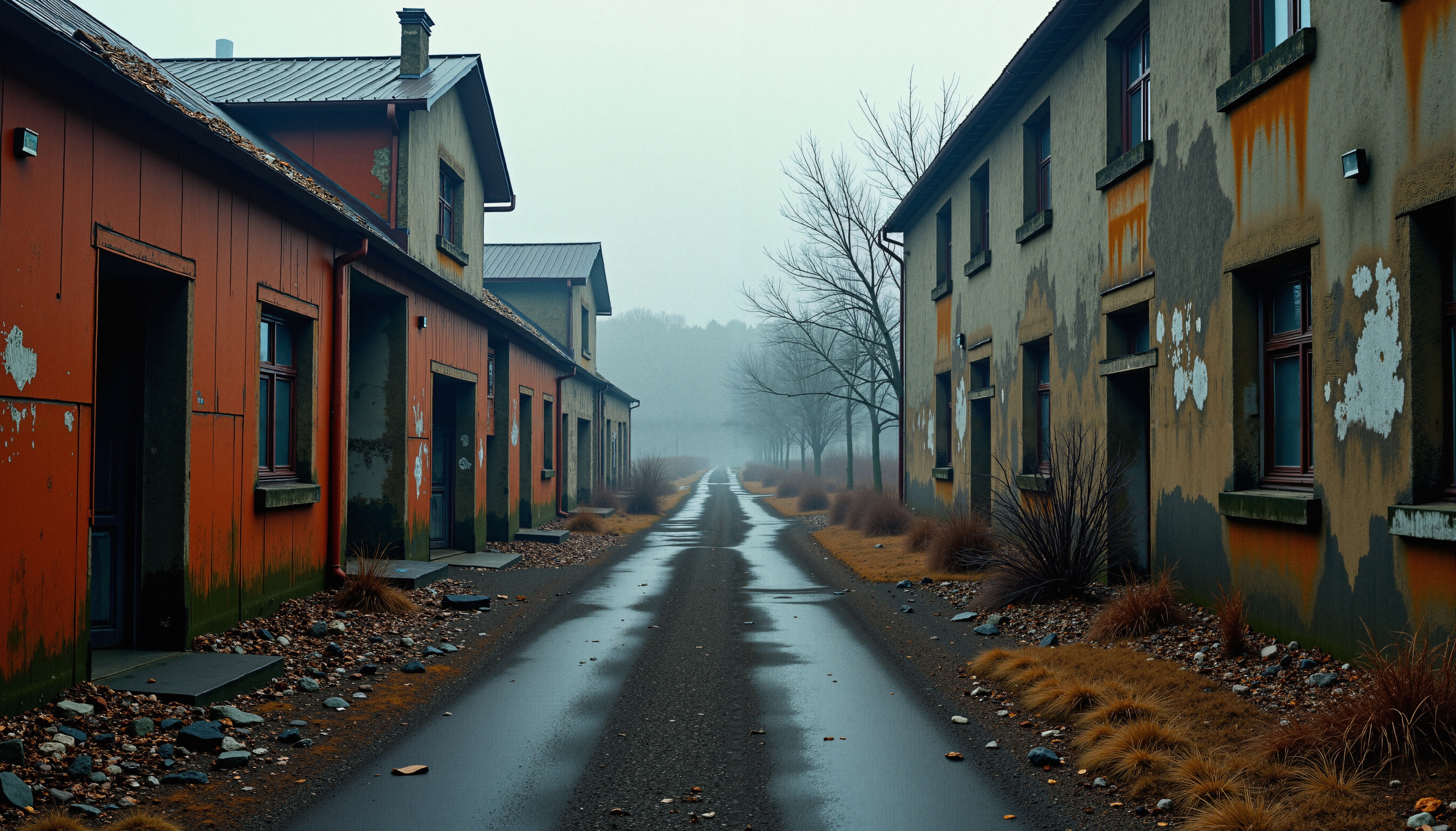 Abandoned Town Pathway in Fog