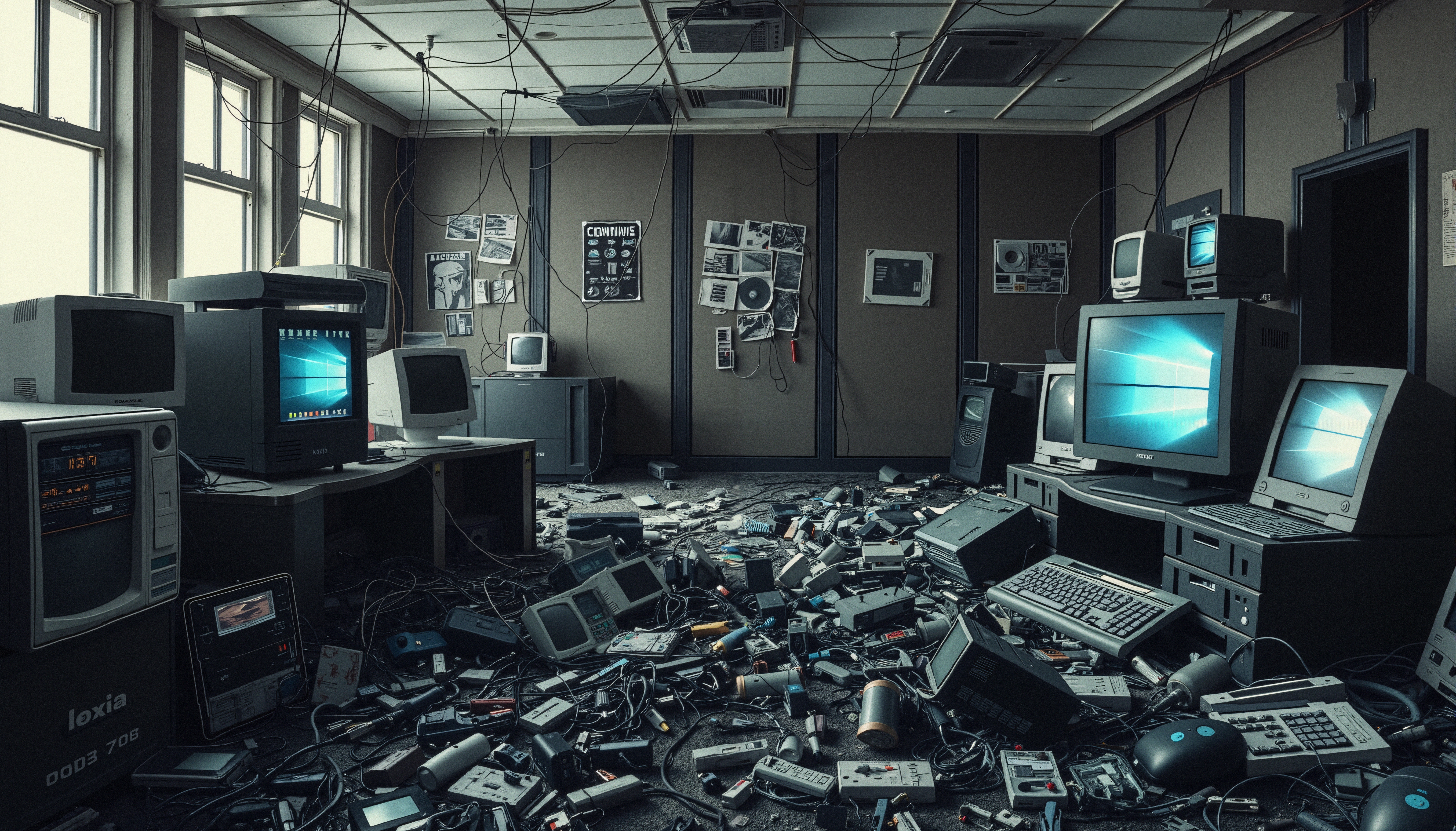 A dimly lit room filled with vintage electronics and tangled wires, featuring monitors displaying Windows and a chaotic retro ambiance.