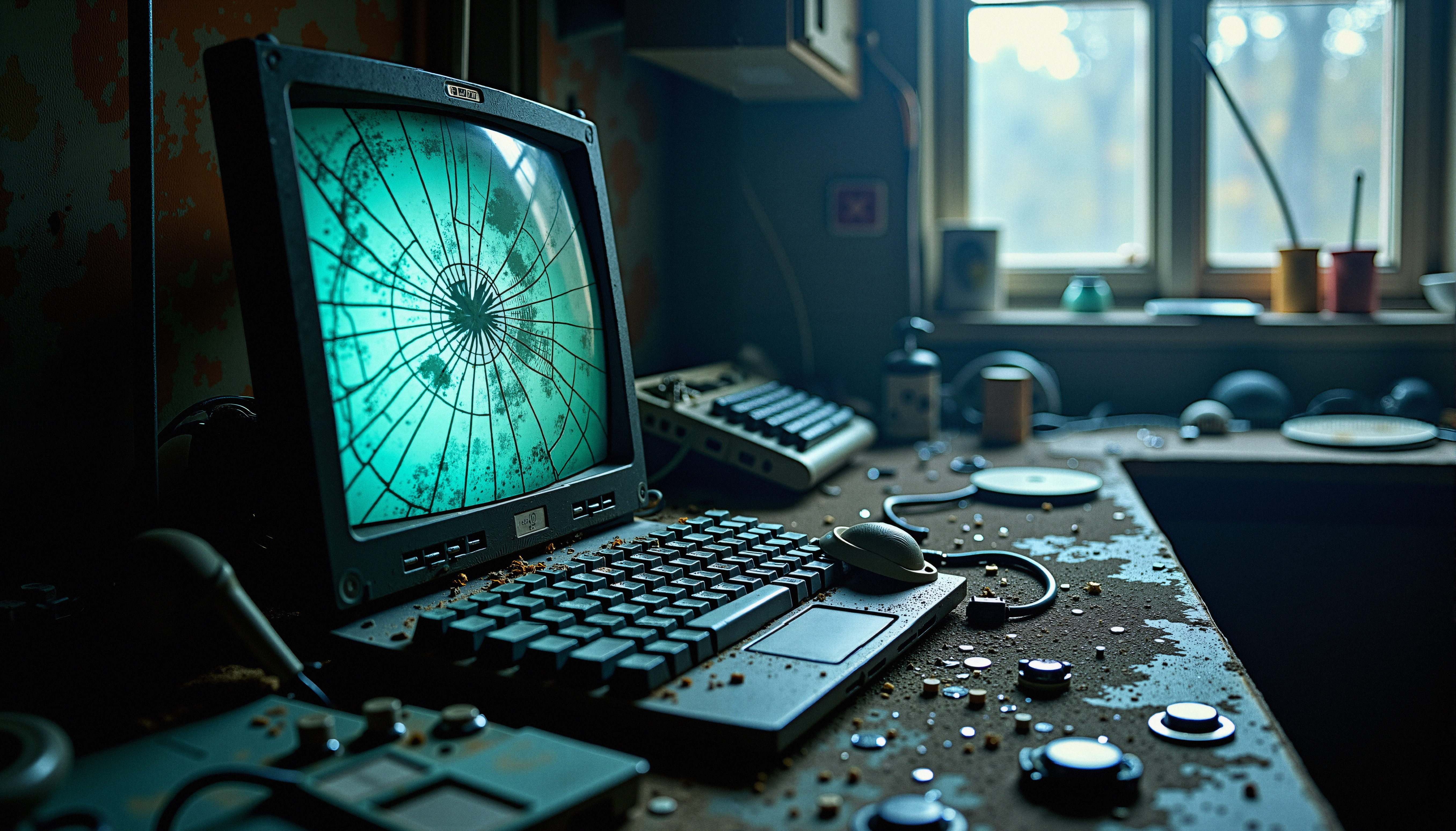 An abandoned desk with vintage computer, cracked screen, and scattered equipment illuminated by soft window light.