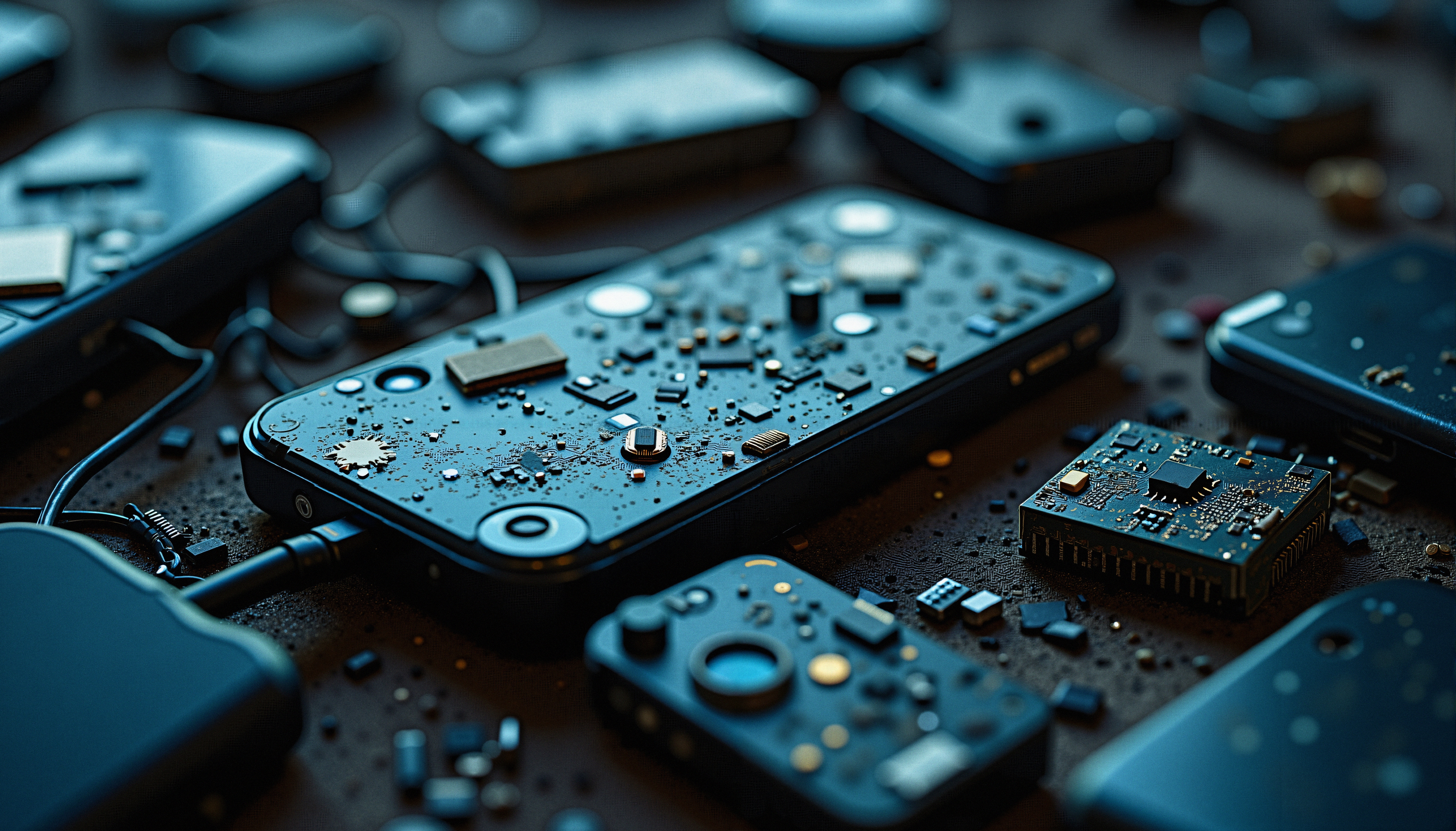 Disassembled smartphone showcasing inner electronics.