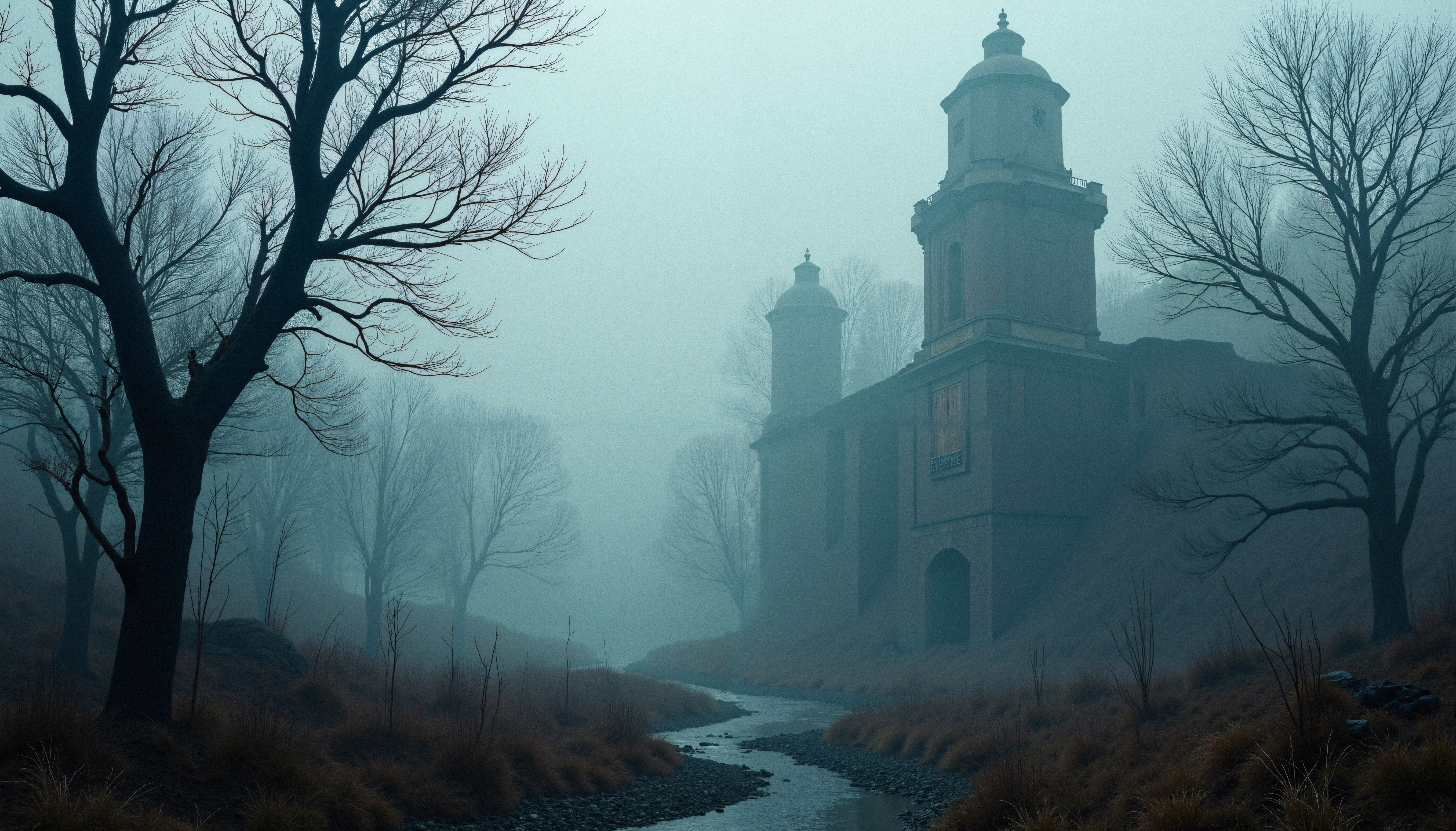 A foggy landscape with an abandoned building, bare trees, and a winding stream.