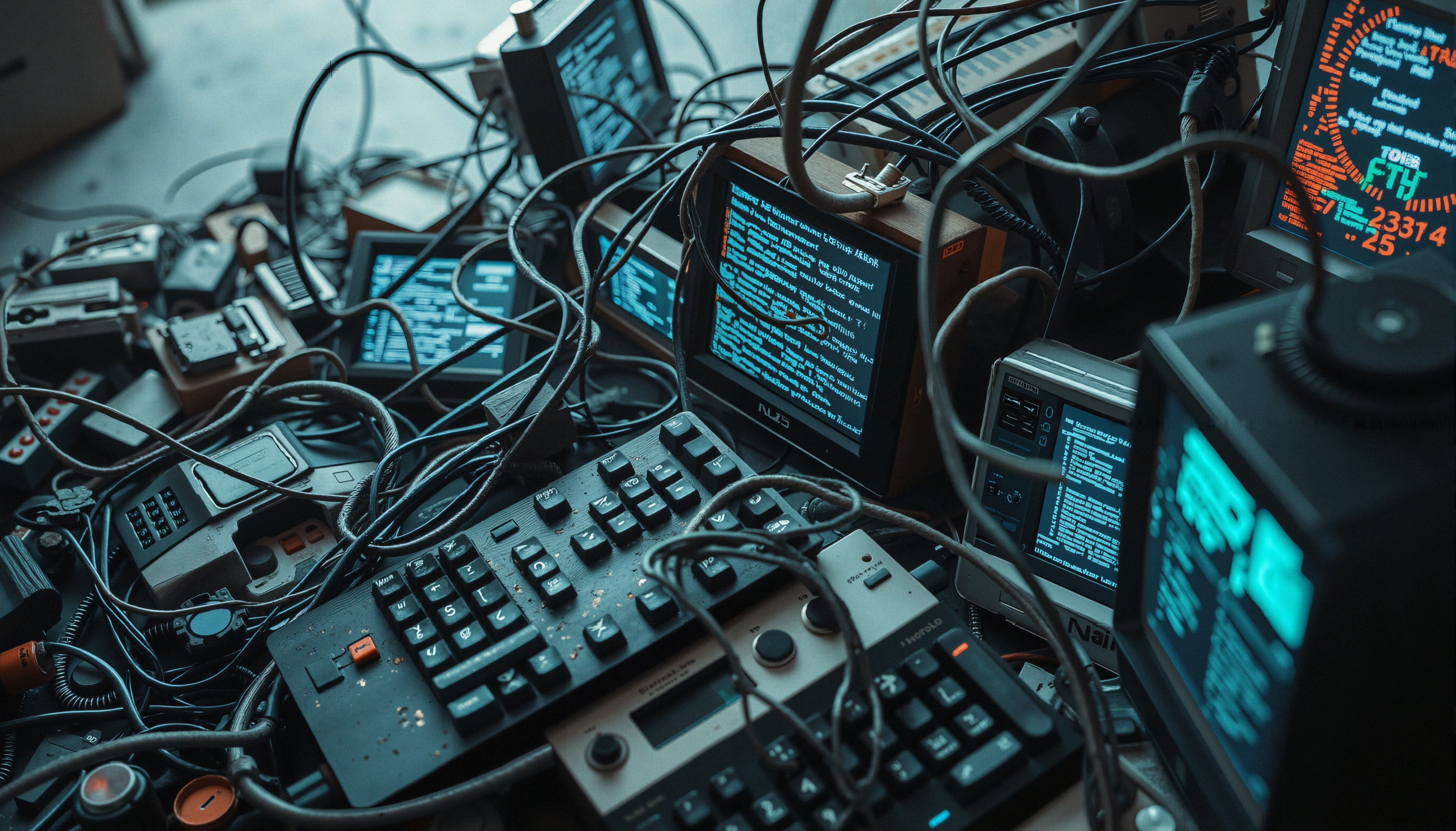 A cluttered array of retro monitors, cables, and keyboards revealing complex technological chaos.