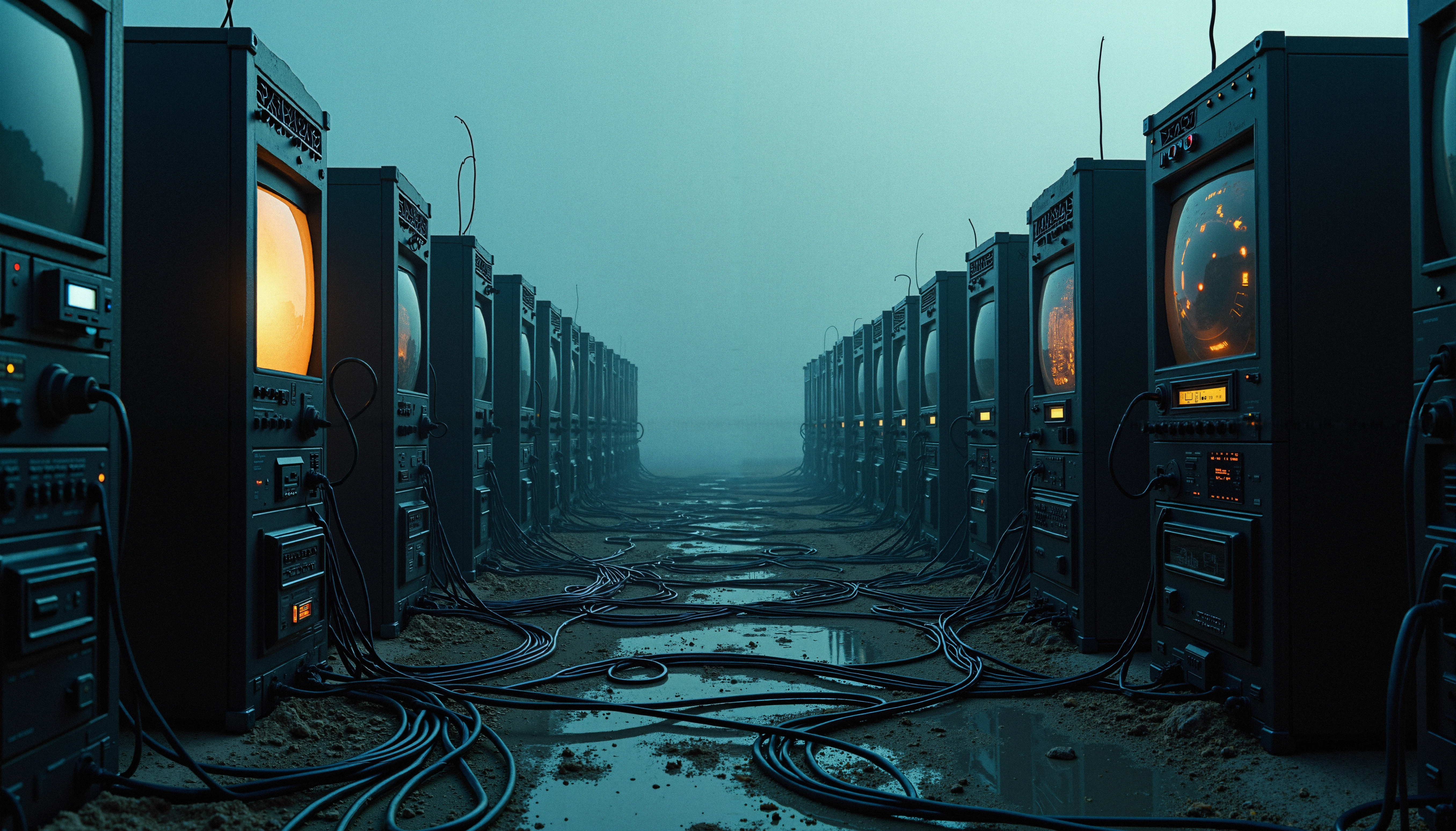 Rows of vintage monitors with tangled cables and fog create a retro-futuristic atmosphere.