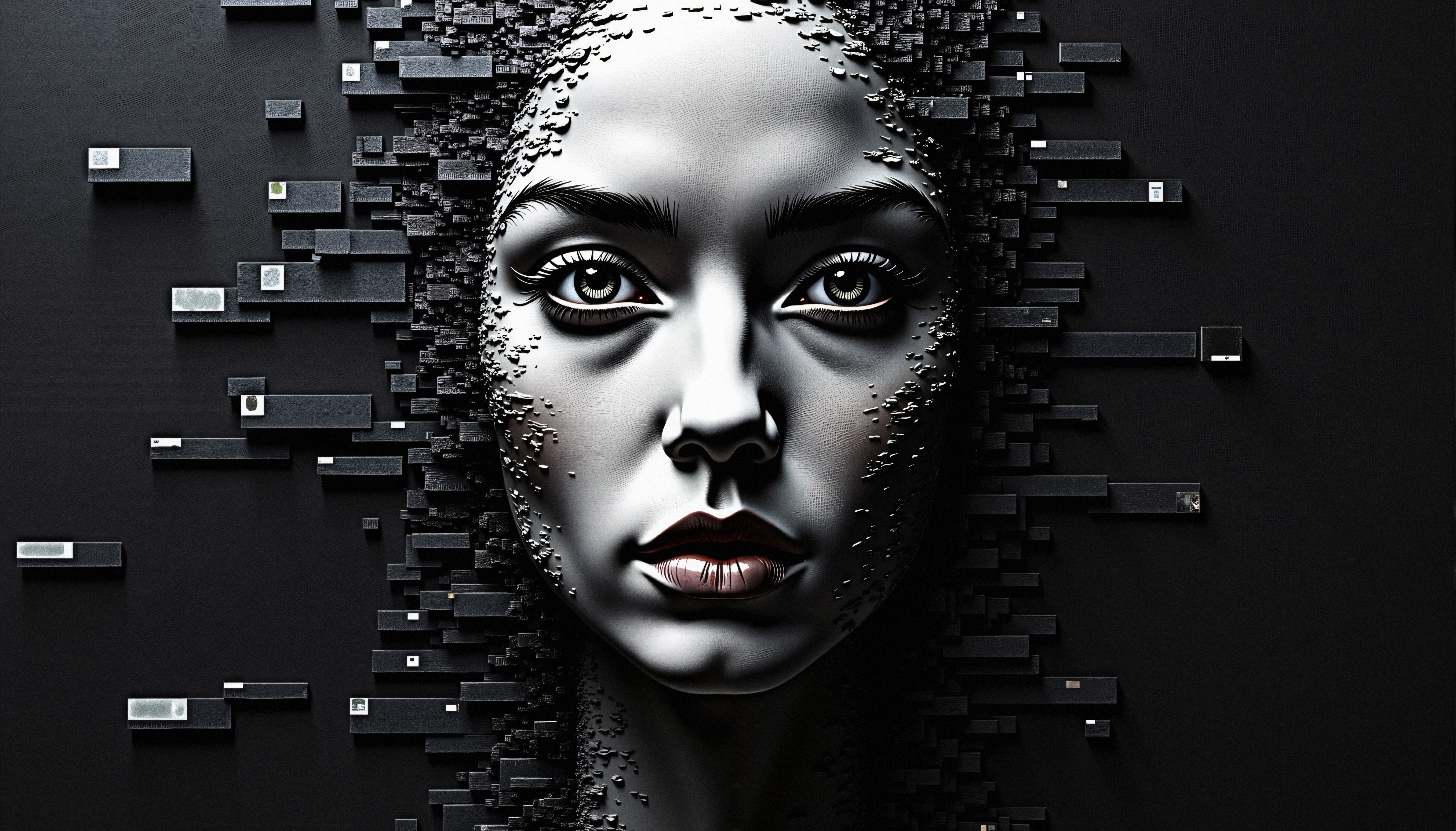 A futuristic digital artwork of a woman's face intertwined with a geometric black matrix; human-technology theme.
