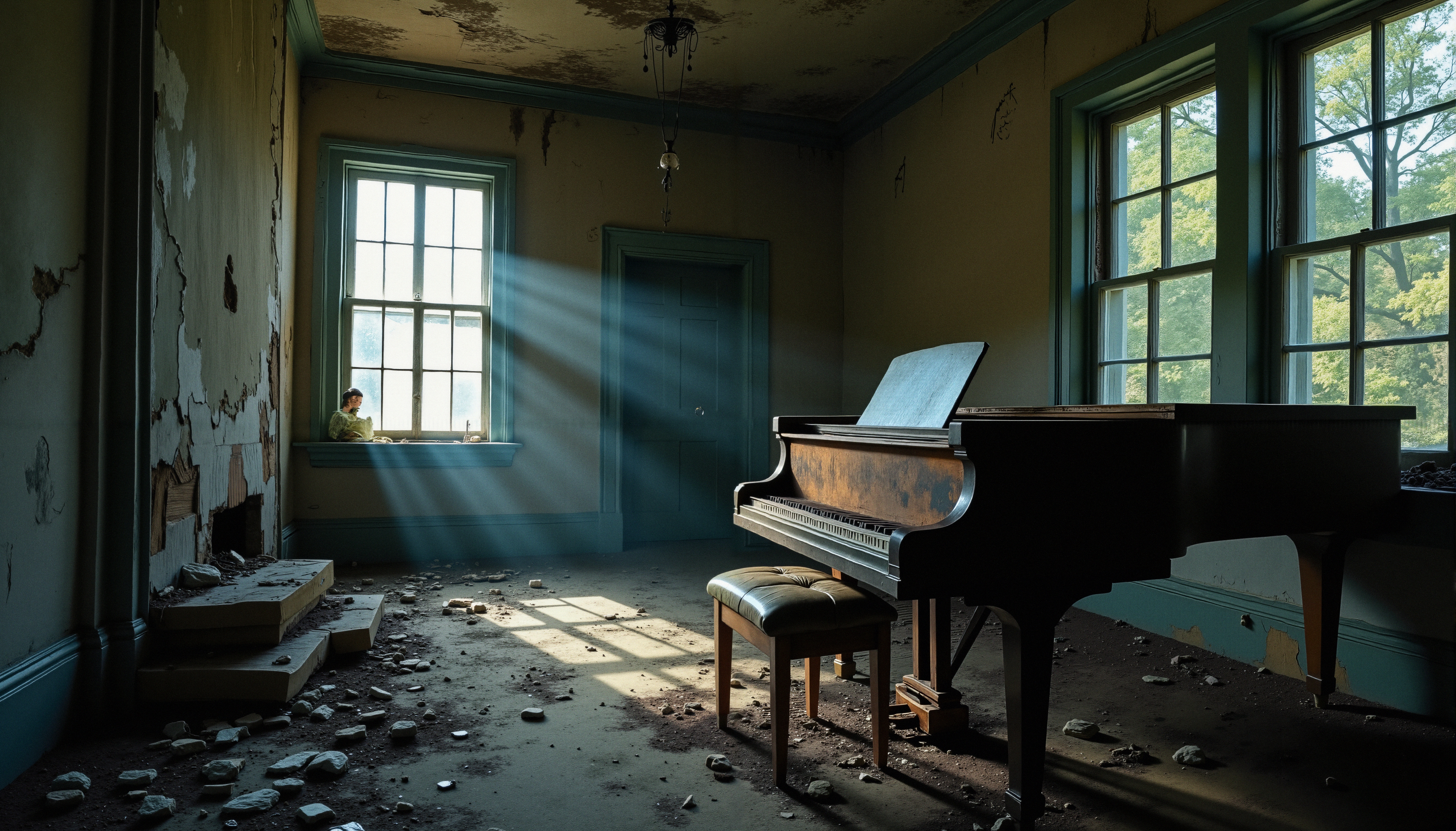 Abandoned room with grand piano and sunlight.
