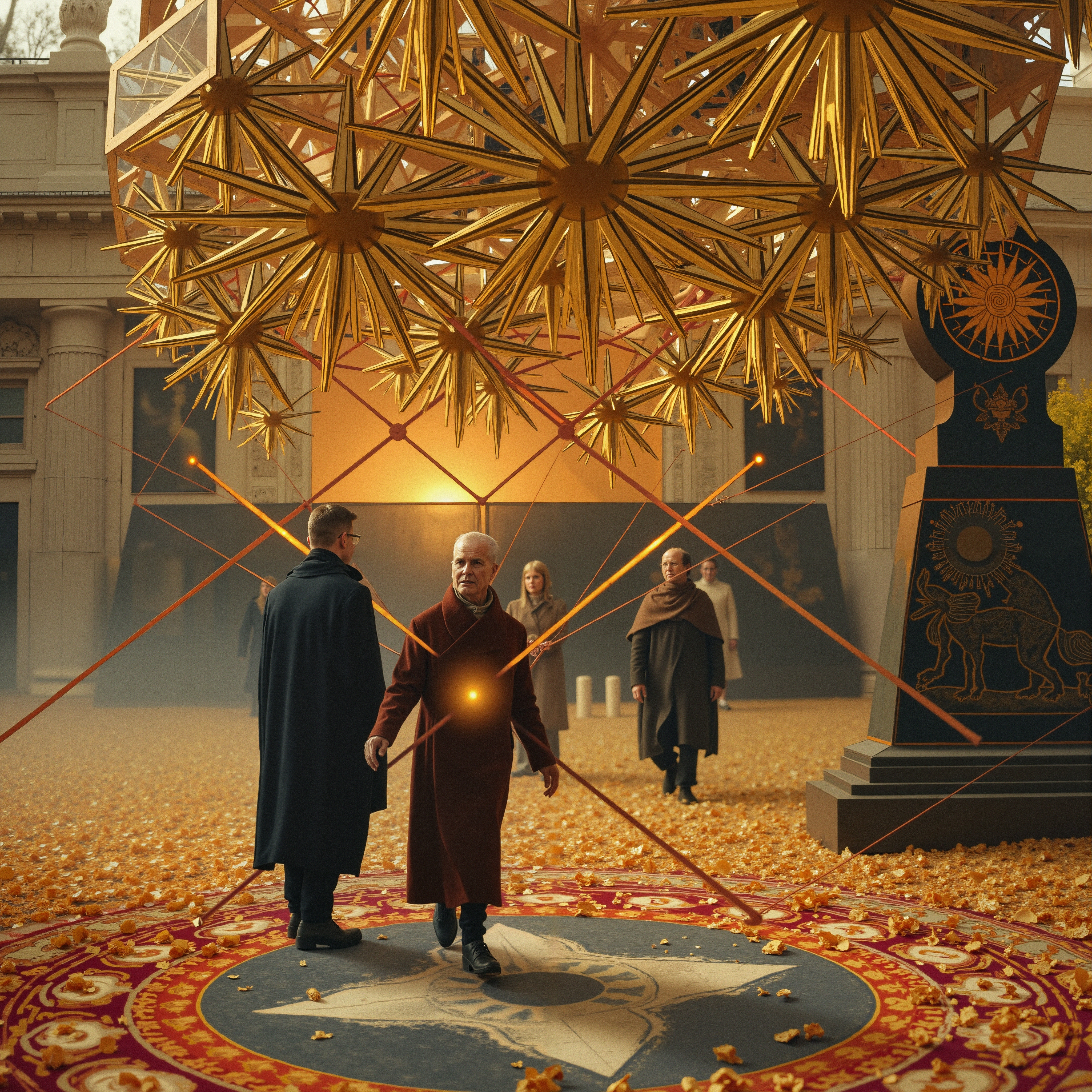 Group standing around ornate golden structure indoors.