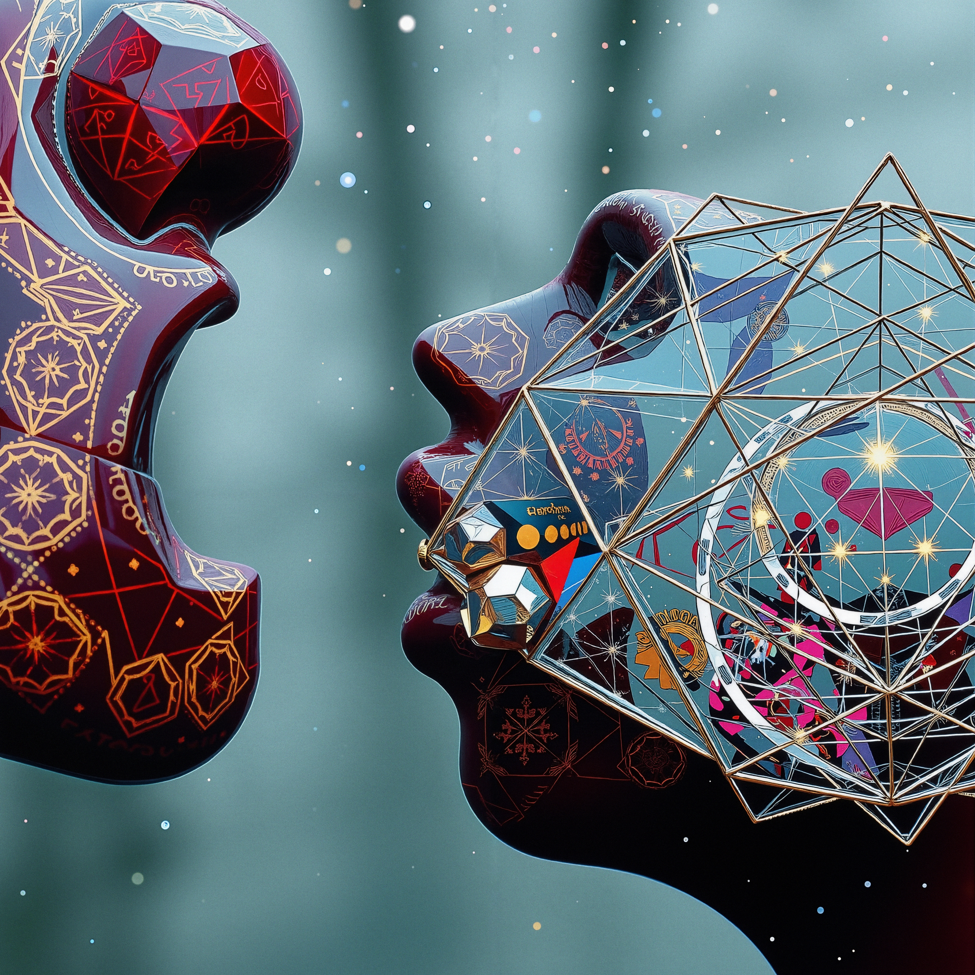 Futuristic abstract face profiles with geometric and cosmic patterns.