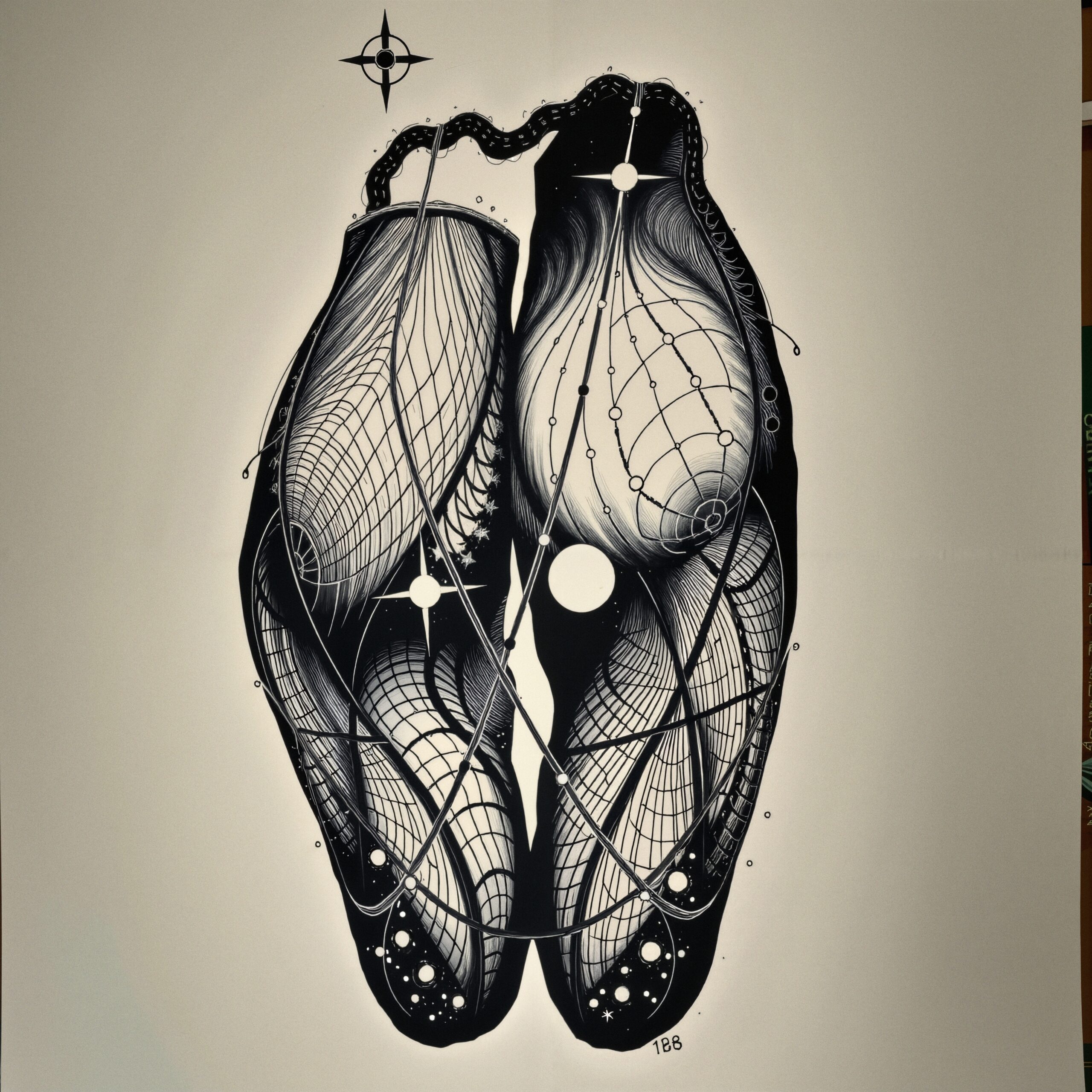 Intricate abstract design with symmetrical organic forms and swirling lines.