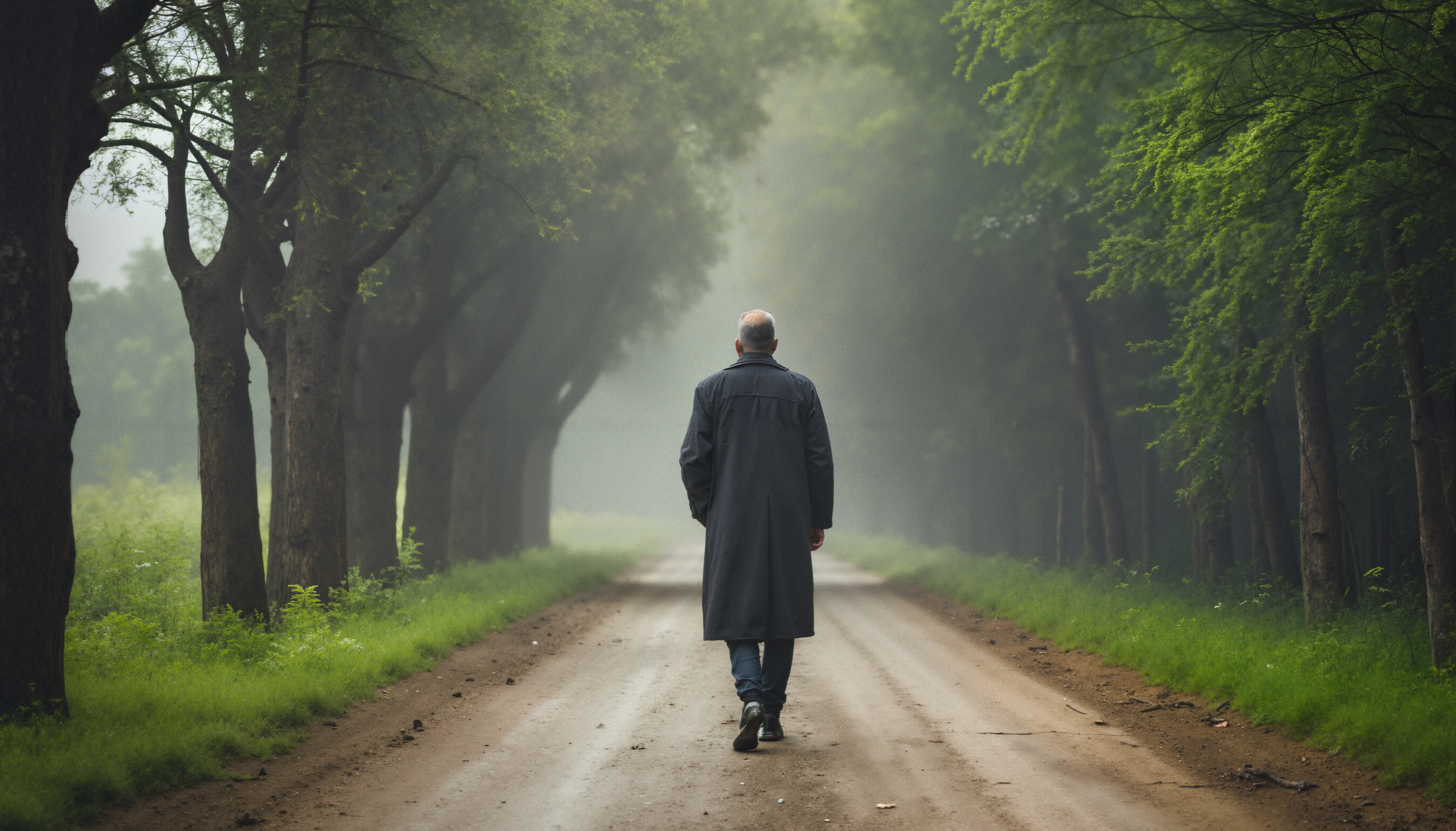 A man walks down a misty forest path surrounded by lush green trees, conveying solitude and tranquility.
