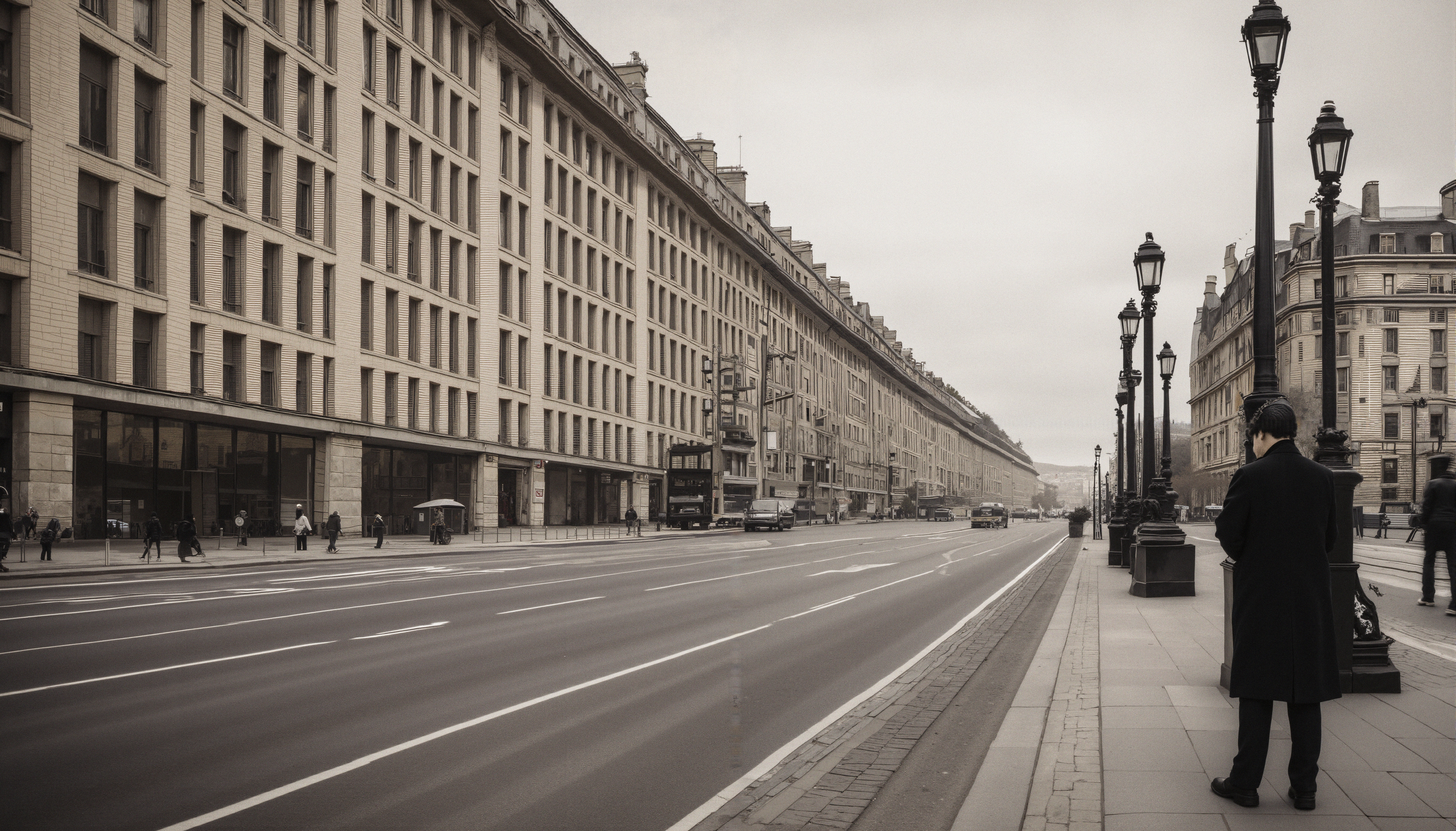 A long stretch of classic city street with symmetrical buildings and streetlamps under an overcast sky, bustling with a few pedestrians.