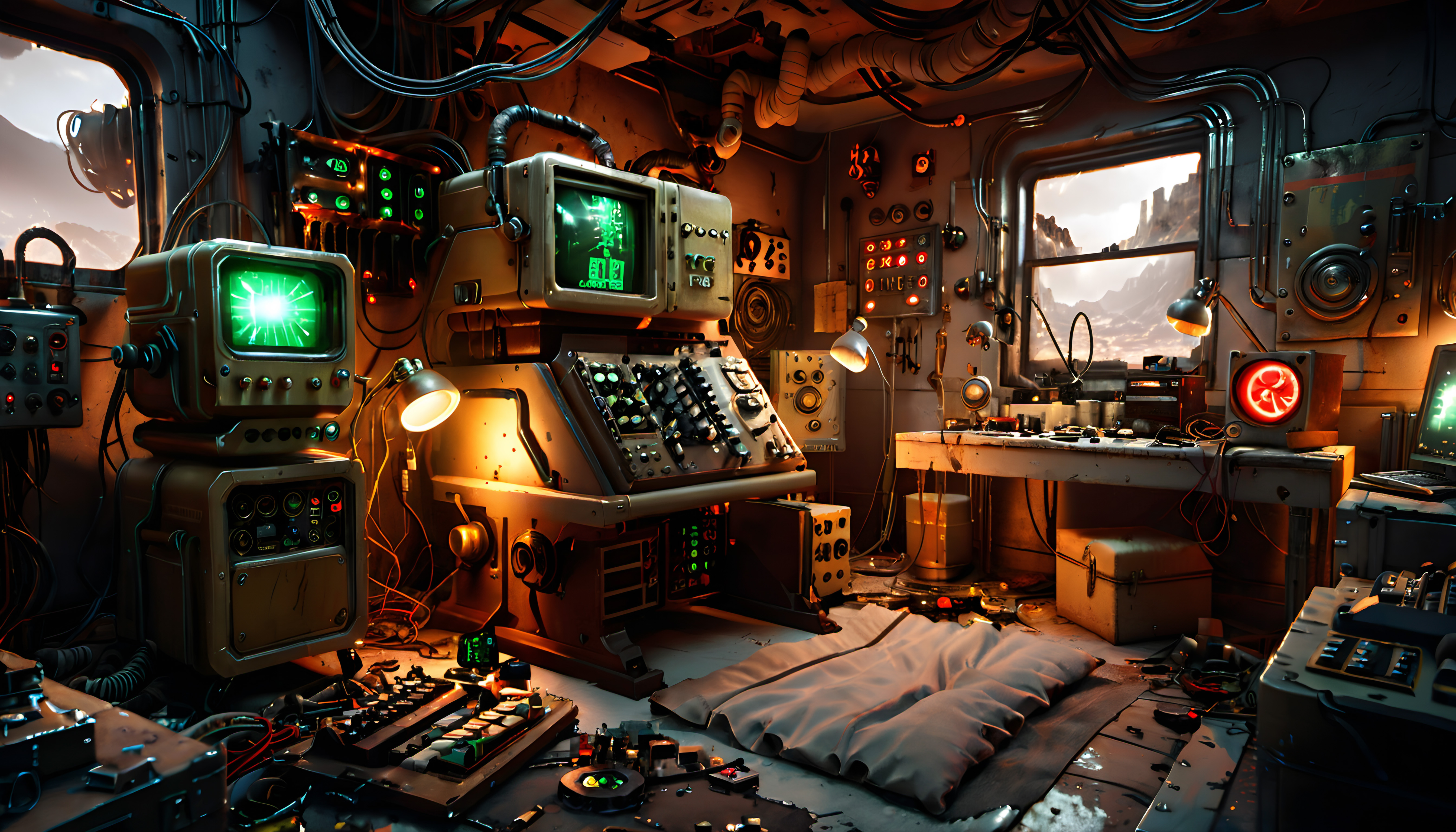 A retro-futuristic laboratory filled with electronic equipment and glowing screens.