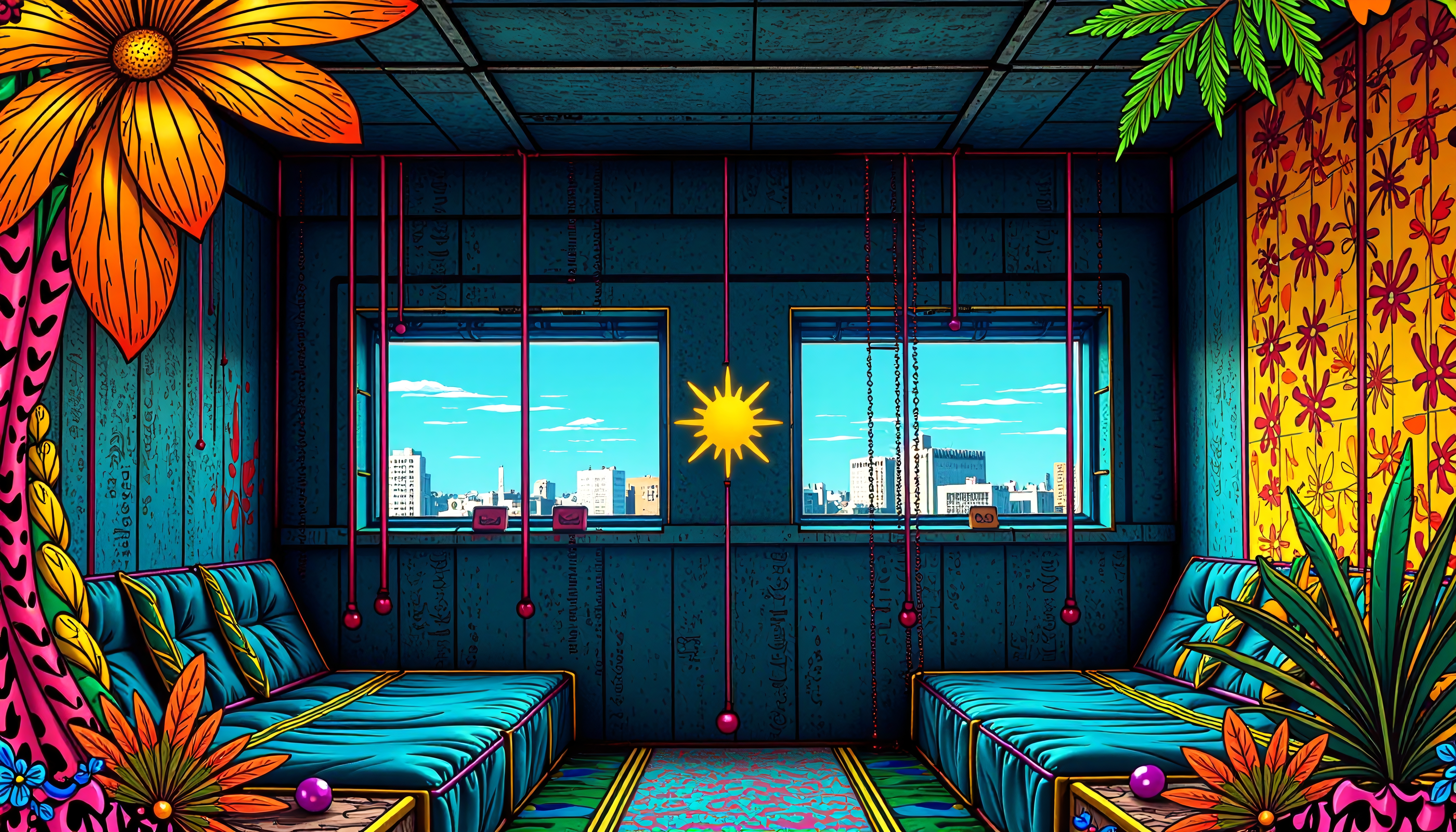 Image of a colorful surreal room with vibrant decor and city view through large windows.