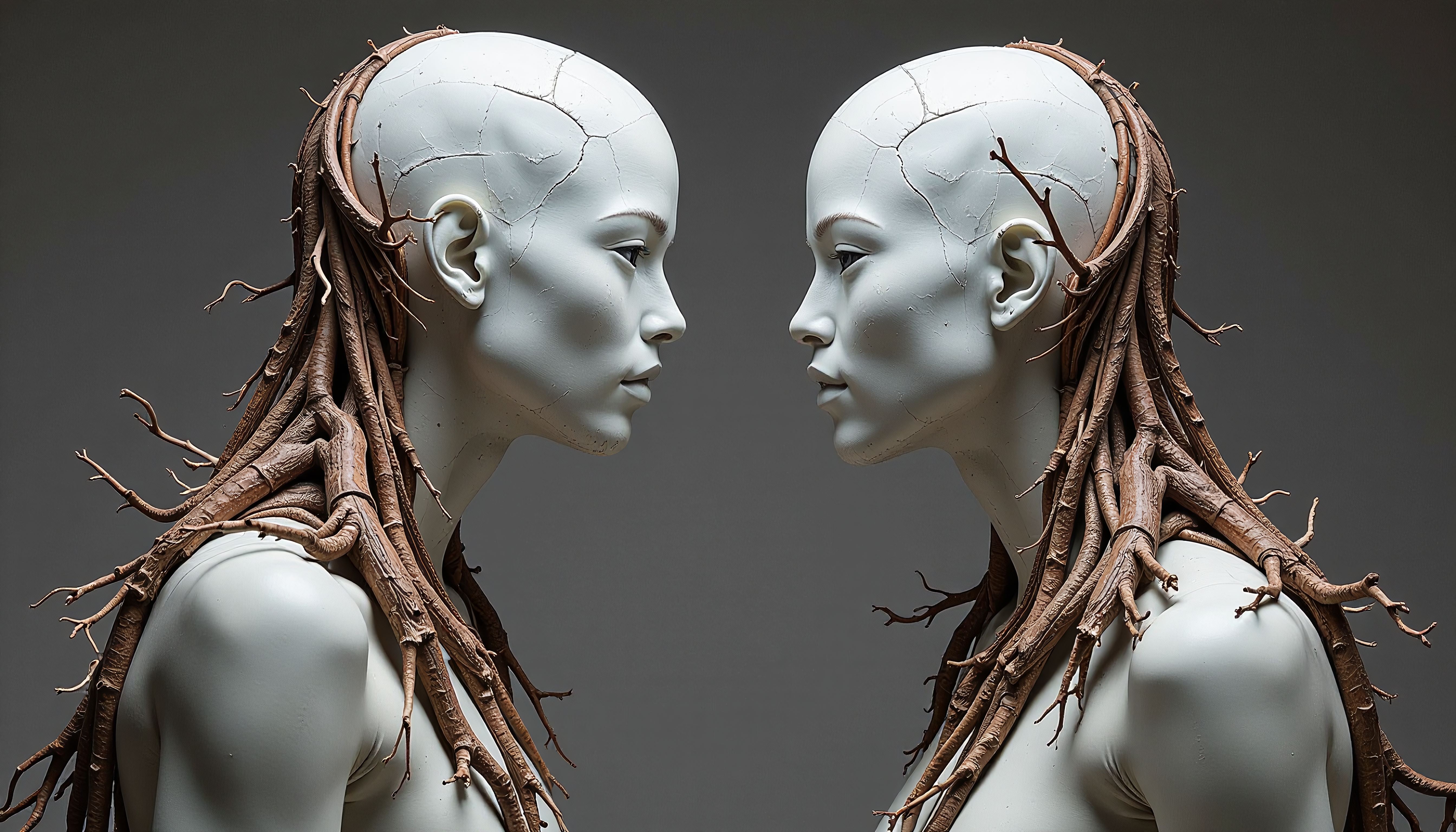 Two pale humanoid figures adorned with branching tree-like roots stand facing each other against a gray background.