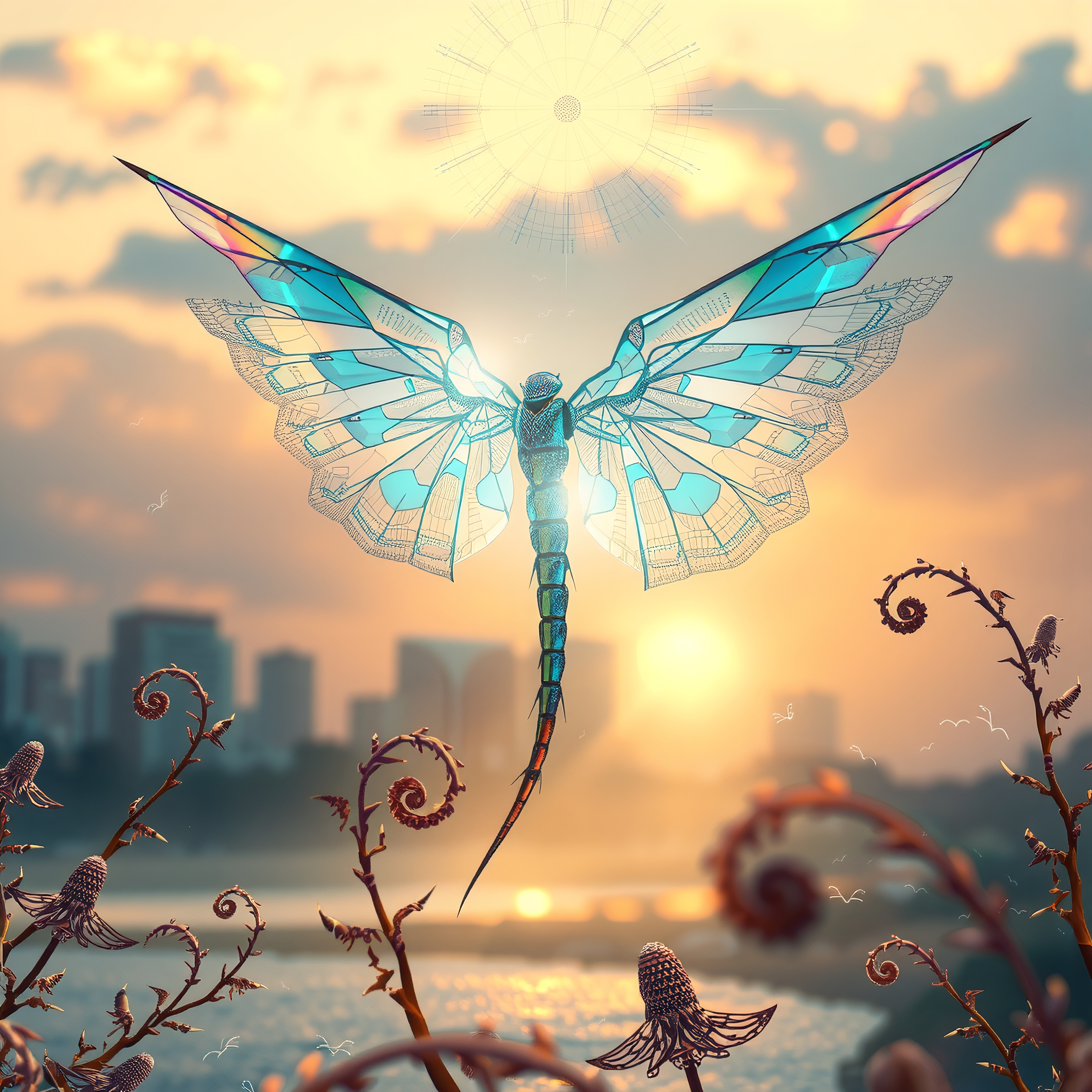A vibrant dragonfly with stained-glass wings hovers over a cityscape during a stunning sunset.