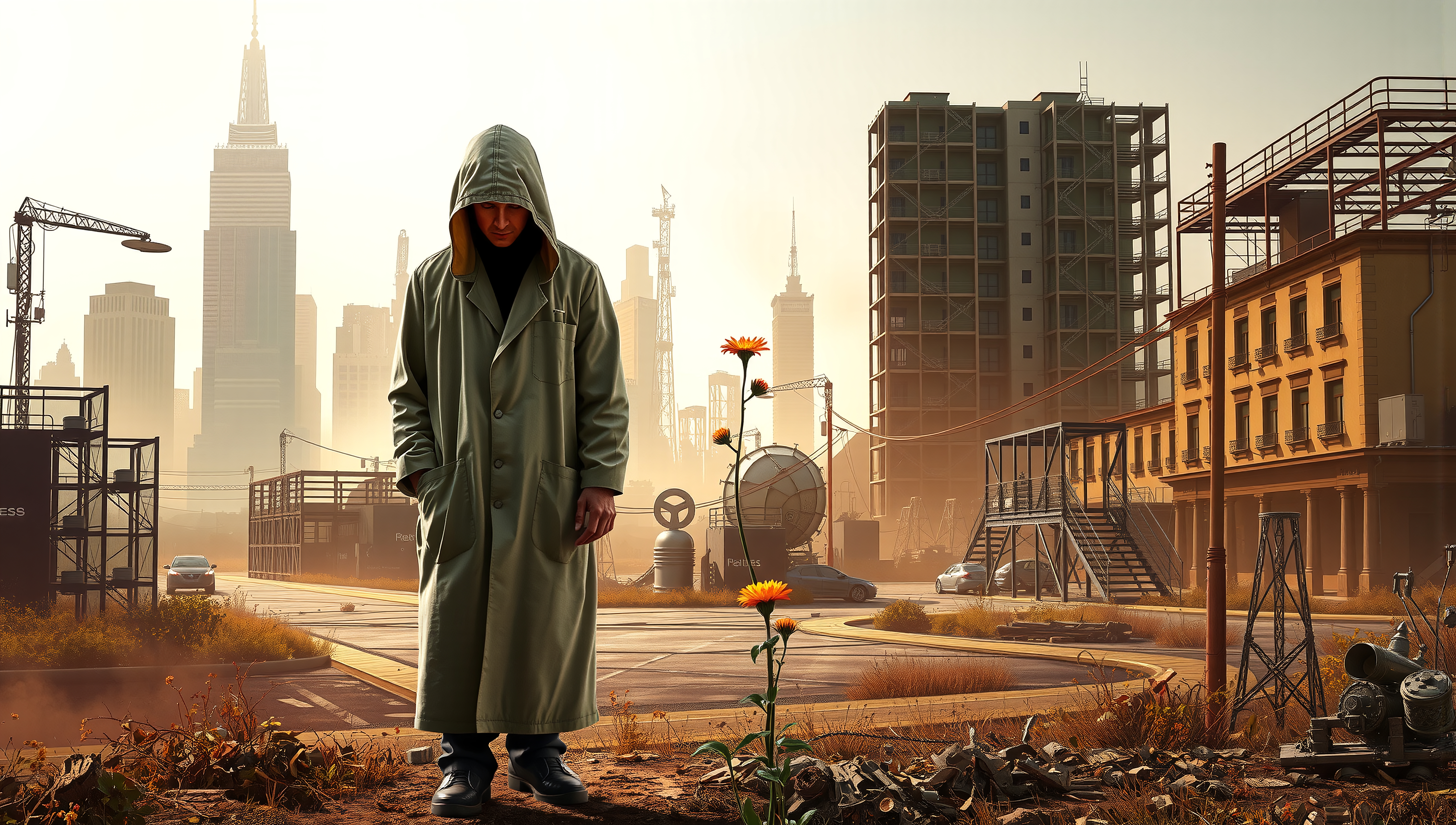 A solitary figure stands amidst urban expansion, their hooded form juxtaposed with blooming flowers against a hazy cityscape backdrop.